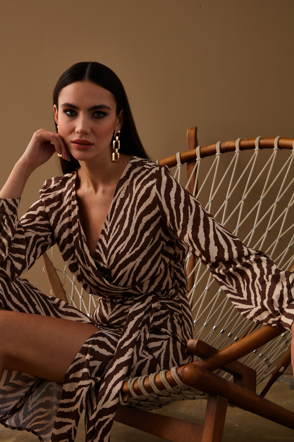 Zebra desenli detaylı saten etek - KAHVE