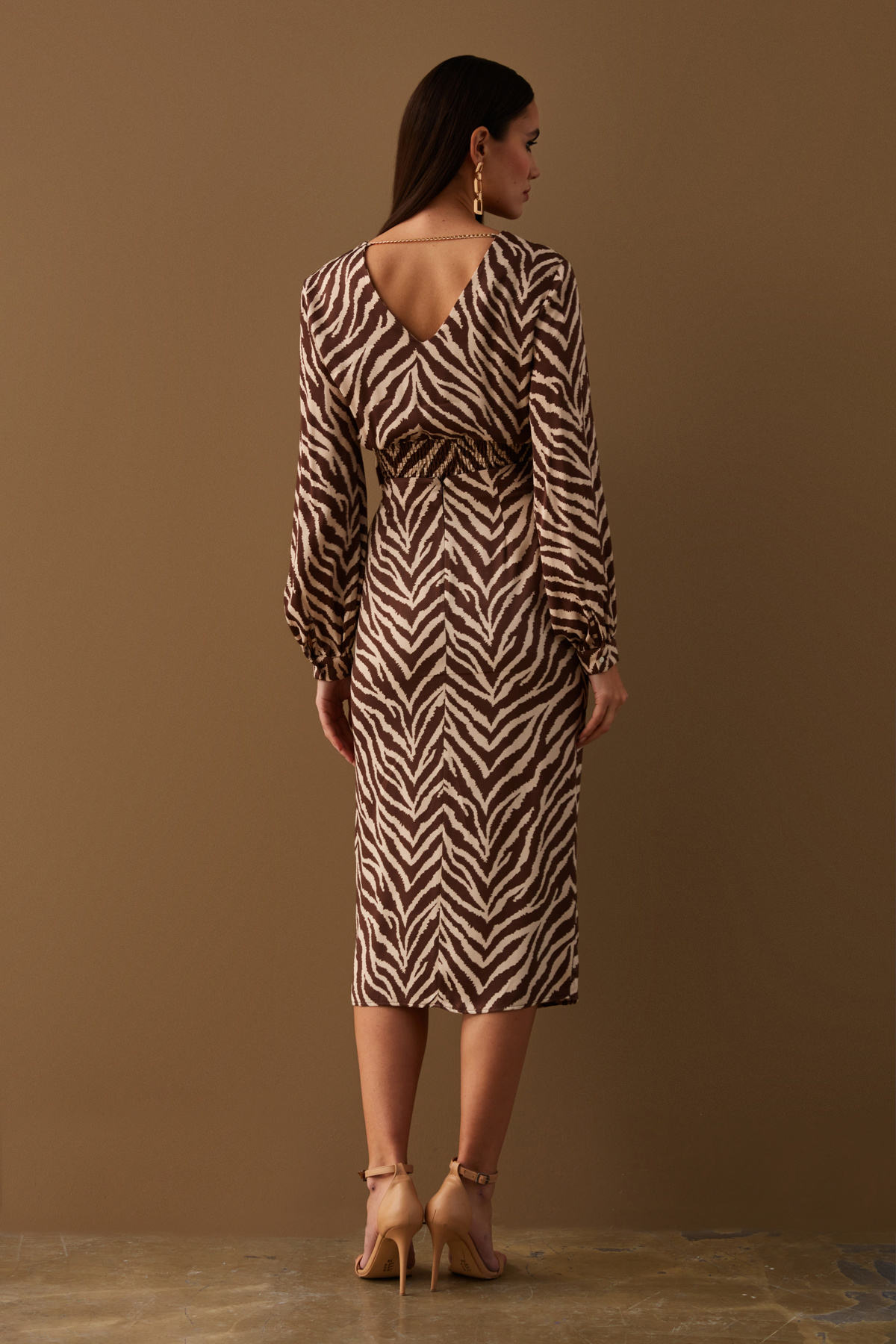 Zebra desenli detaylı saten etek - KAHVE