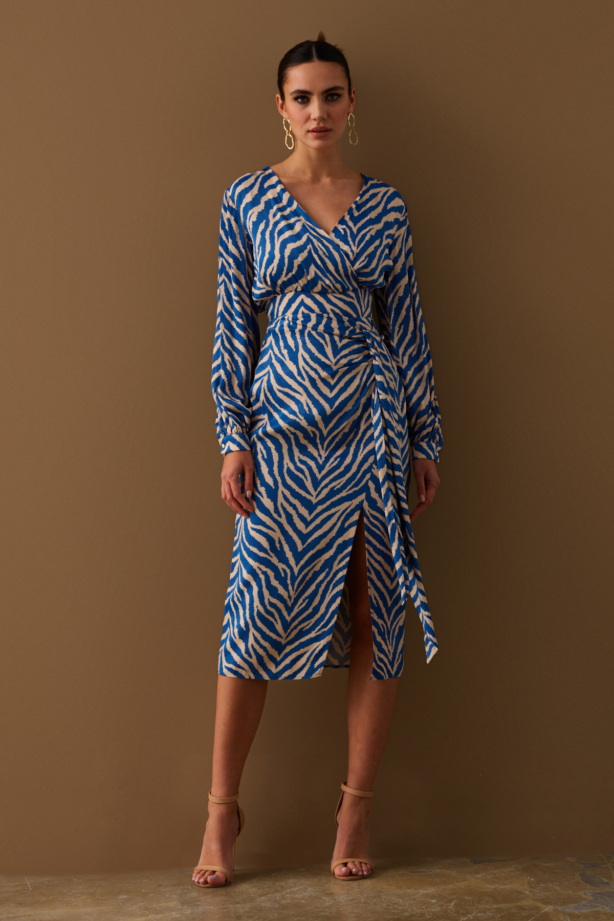 Zebra desenli detaylı saten etek - MAVİ