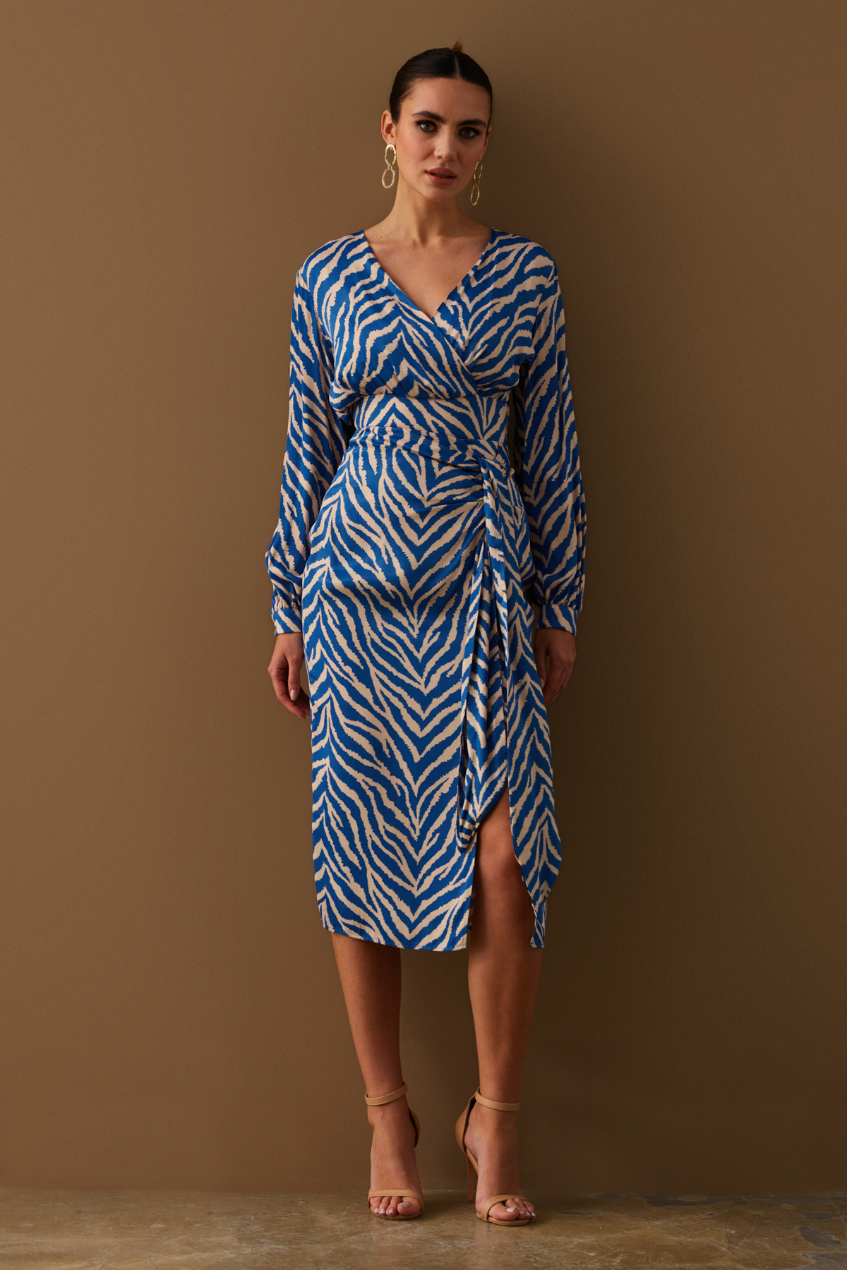 Zebra desenli detaylı saten etek - MAVİ