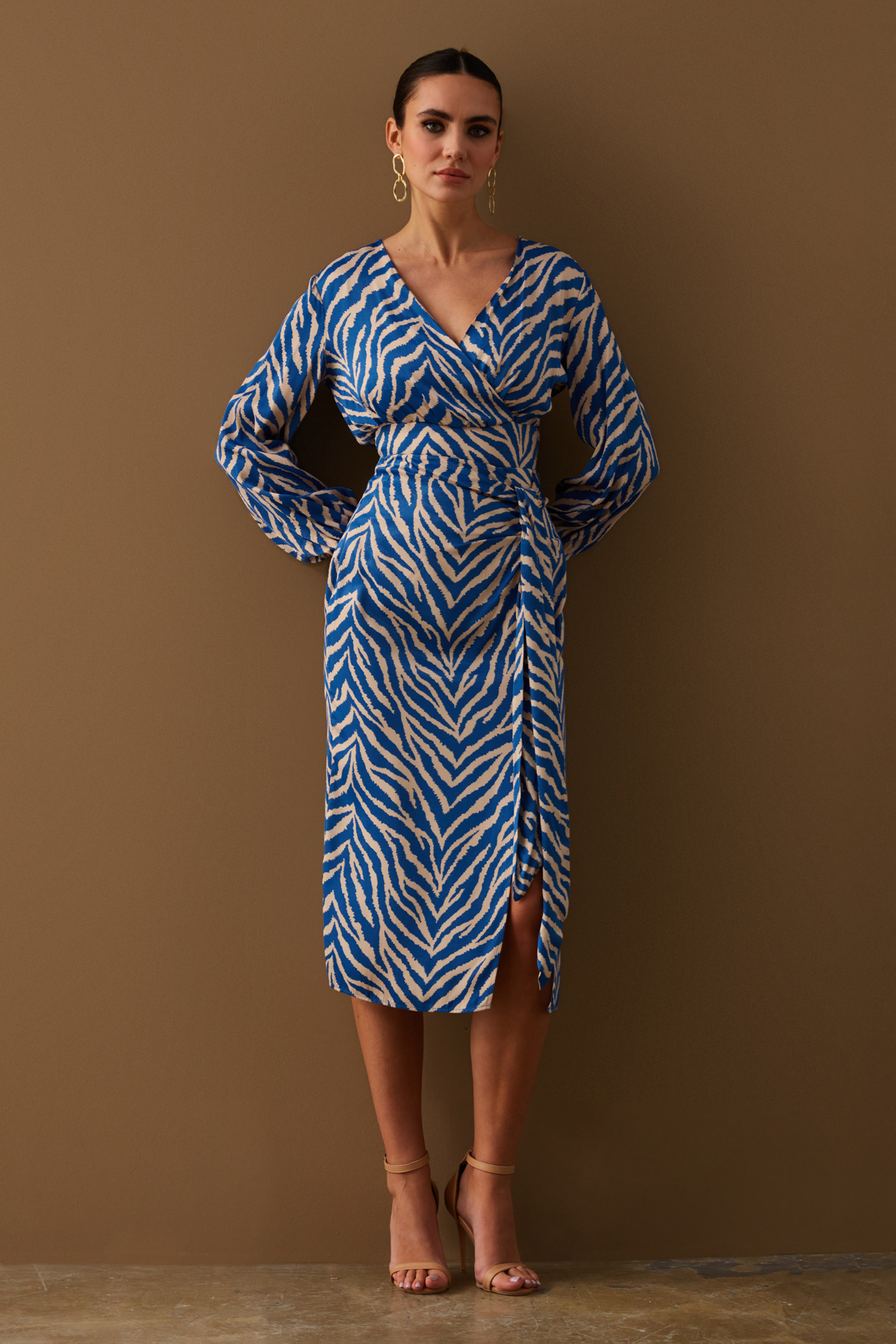 Zebra desenli detaylı saten etek - MAVİ