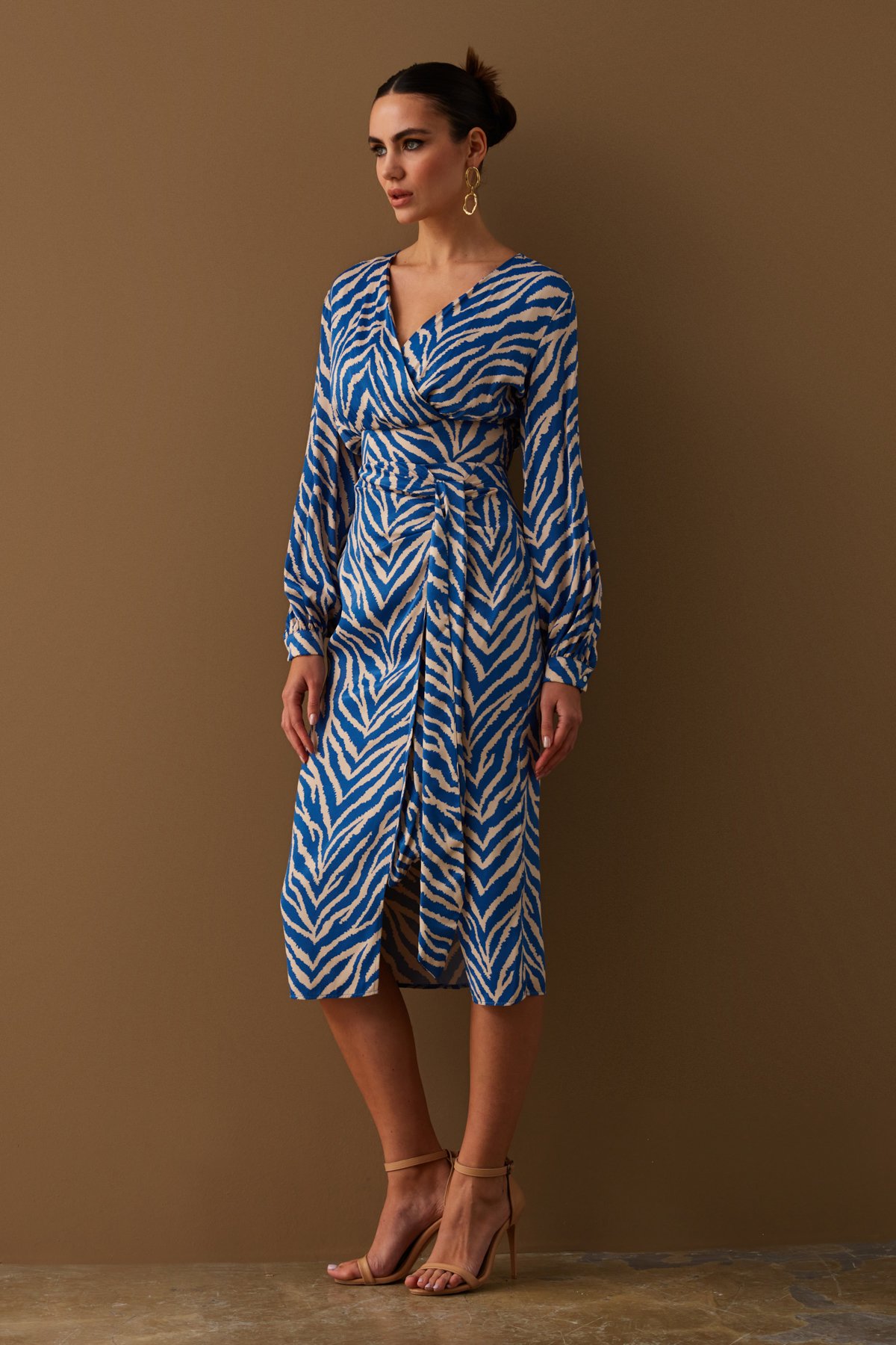 Zebra desenli detaylı saten etek - MAVİ