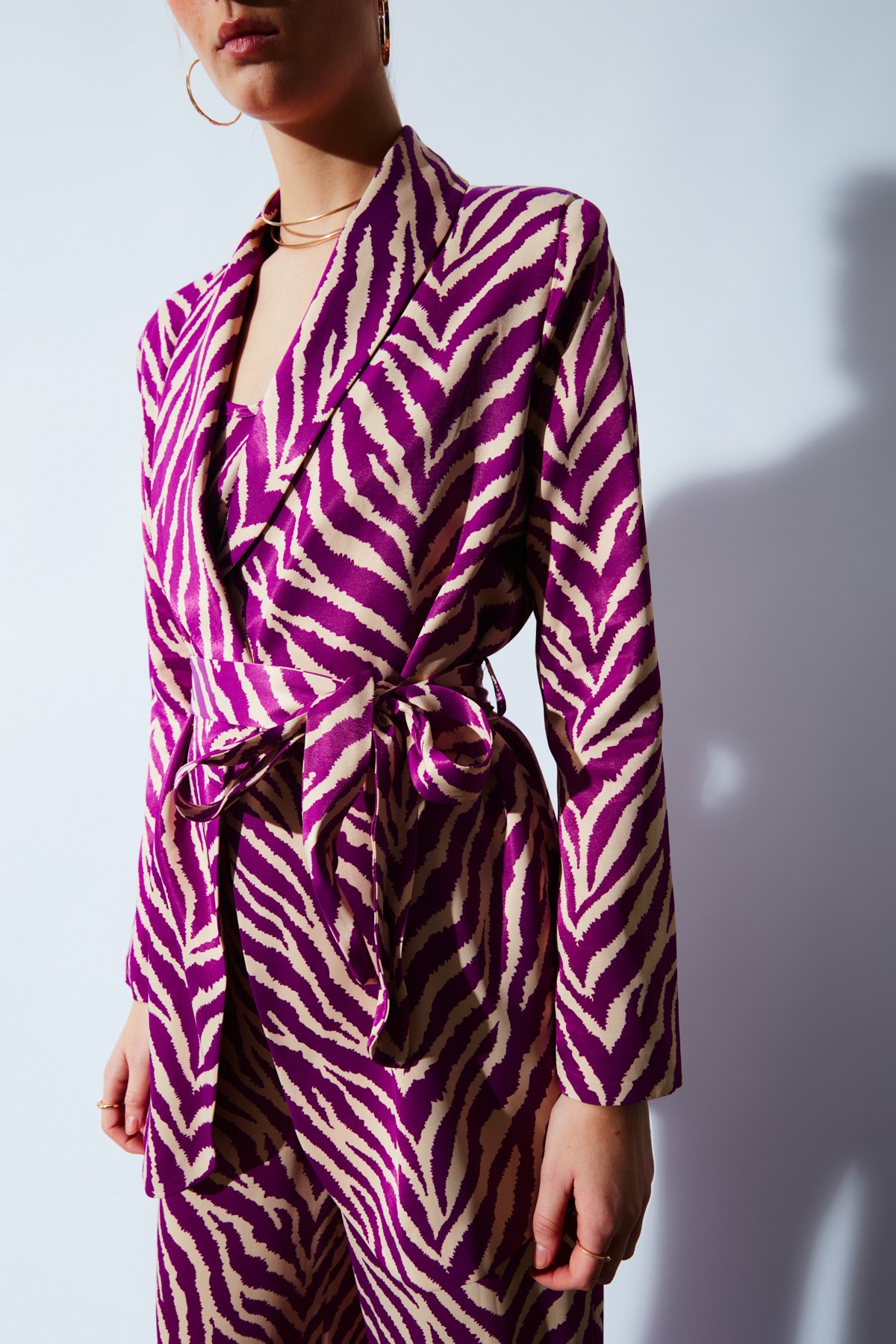 Zebra desenli kuşaklı ceket - FUŞYA