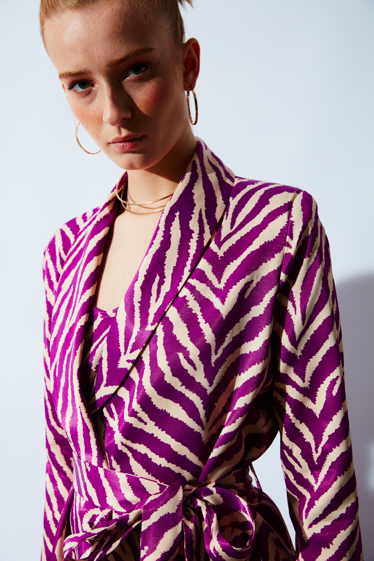 Zebra desenli kuşaklı ceket - FUŞYA
