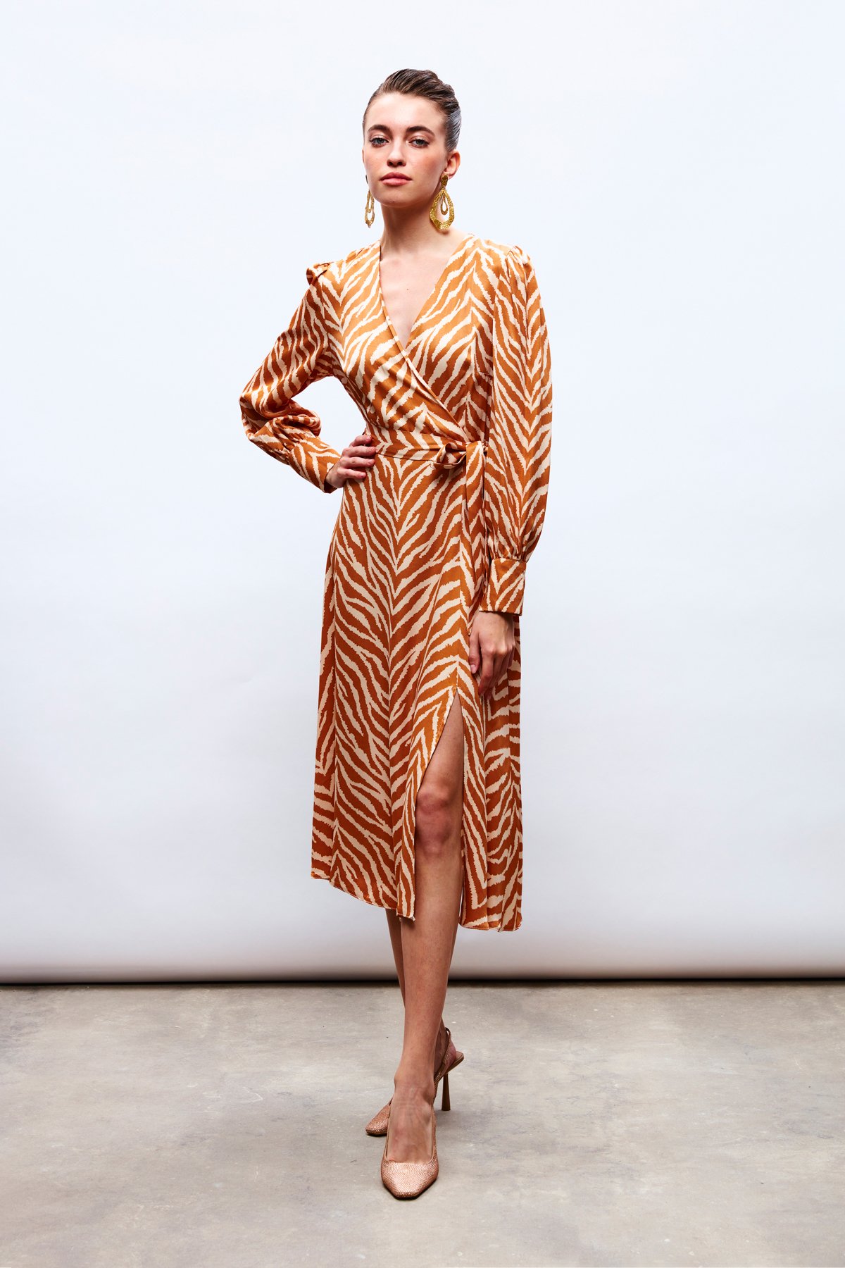 Zebra Patterned Belted Satin Dress - CAMEL