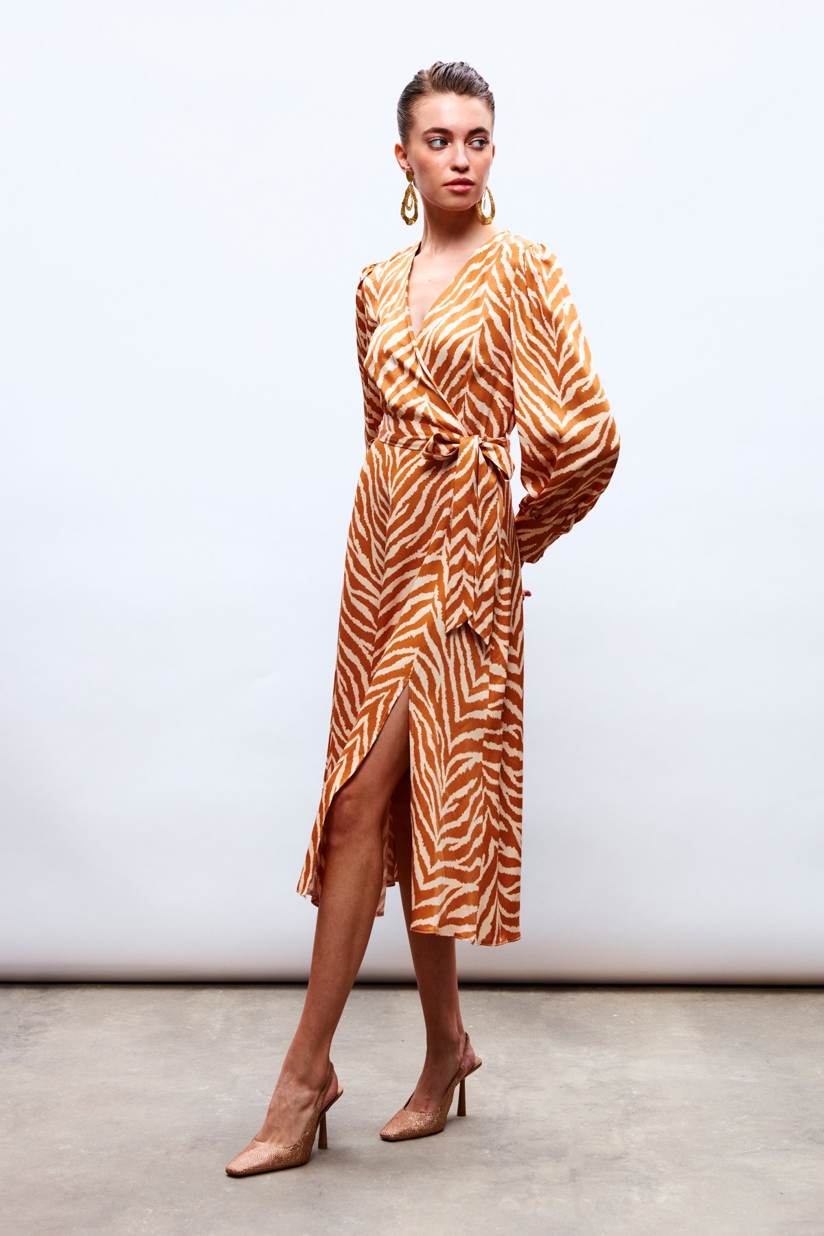 Zebra Patterned Belted Satin Dress - CAMEL
