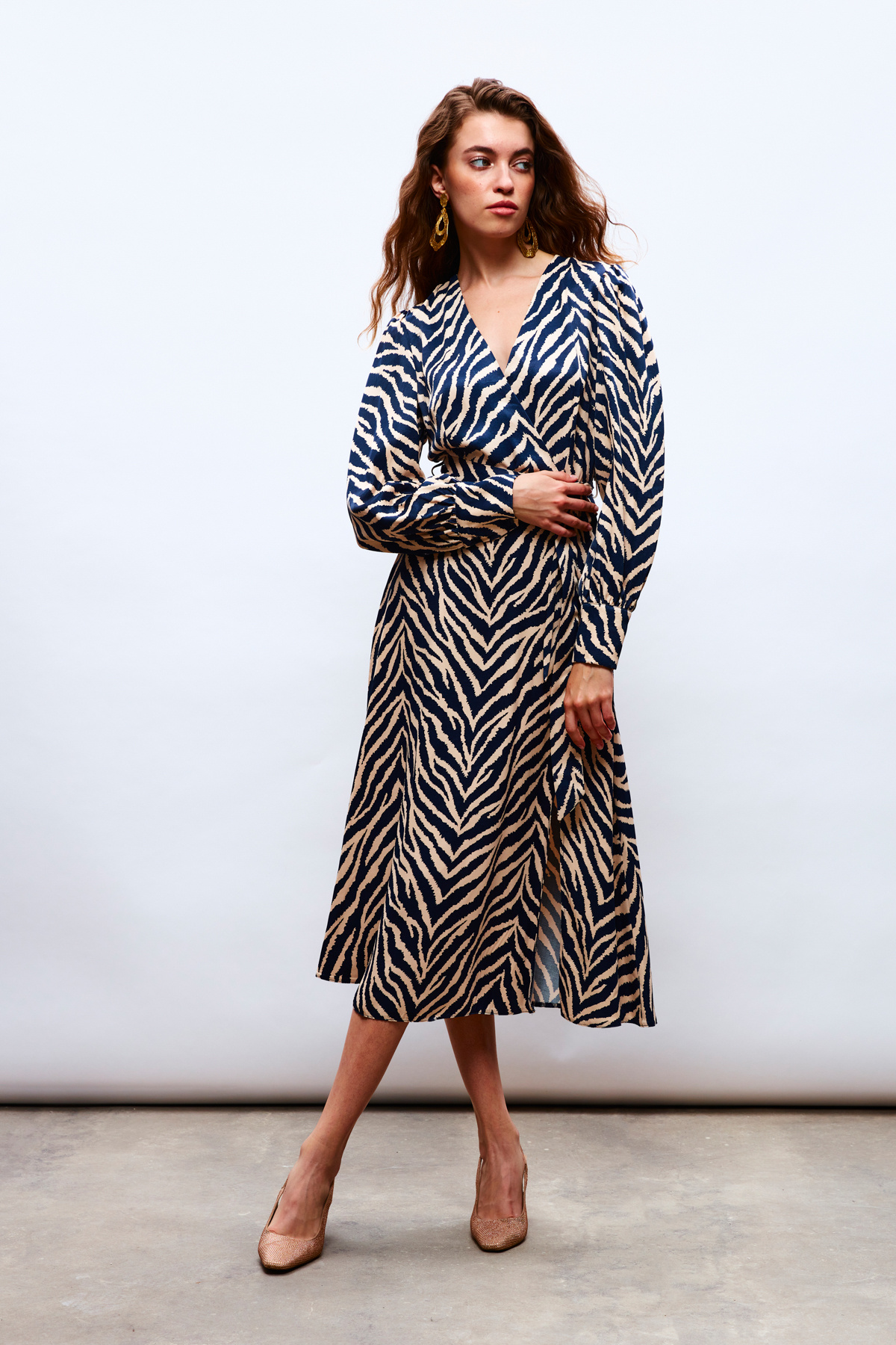 Zebra Patterned Belted Satin Dress - BLUE