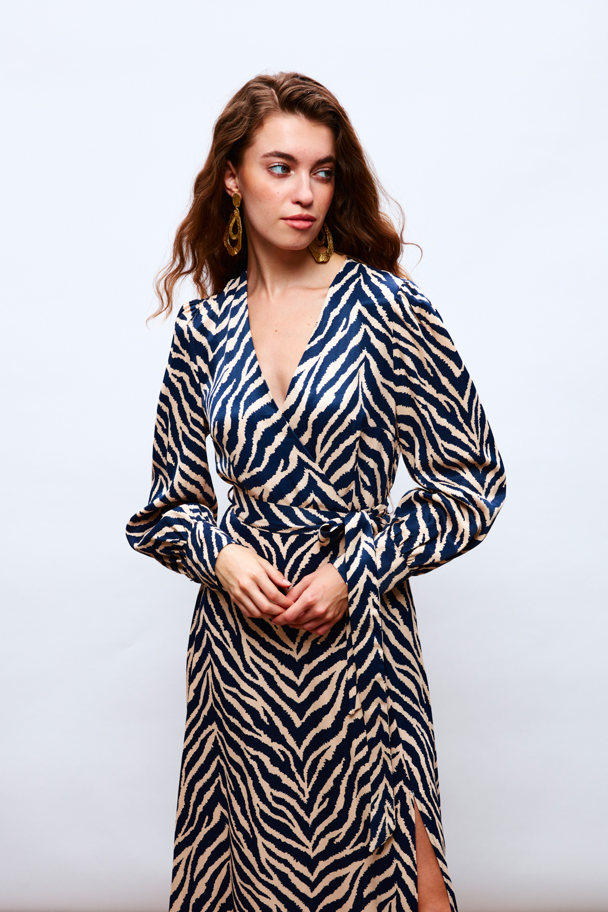 Zebra Patterned Belted Satin Dress - BLUE