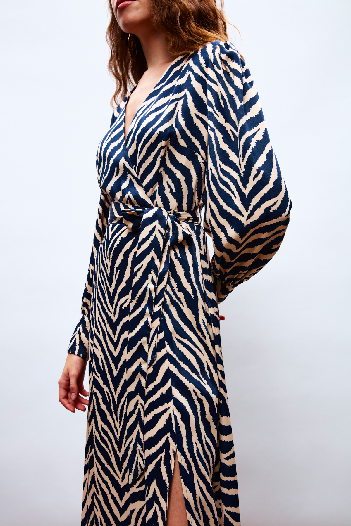 Zebra Patterned Belted Satin Dress - BLUE