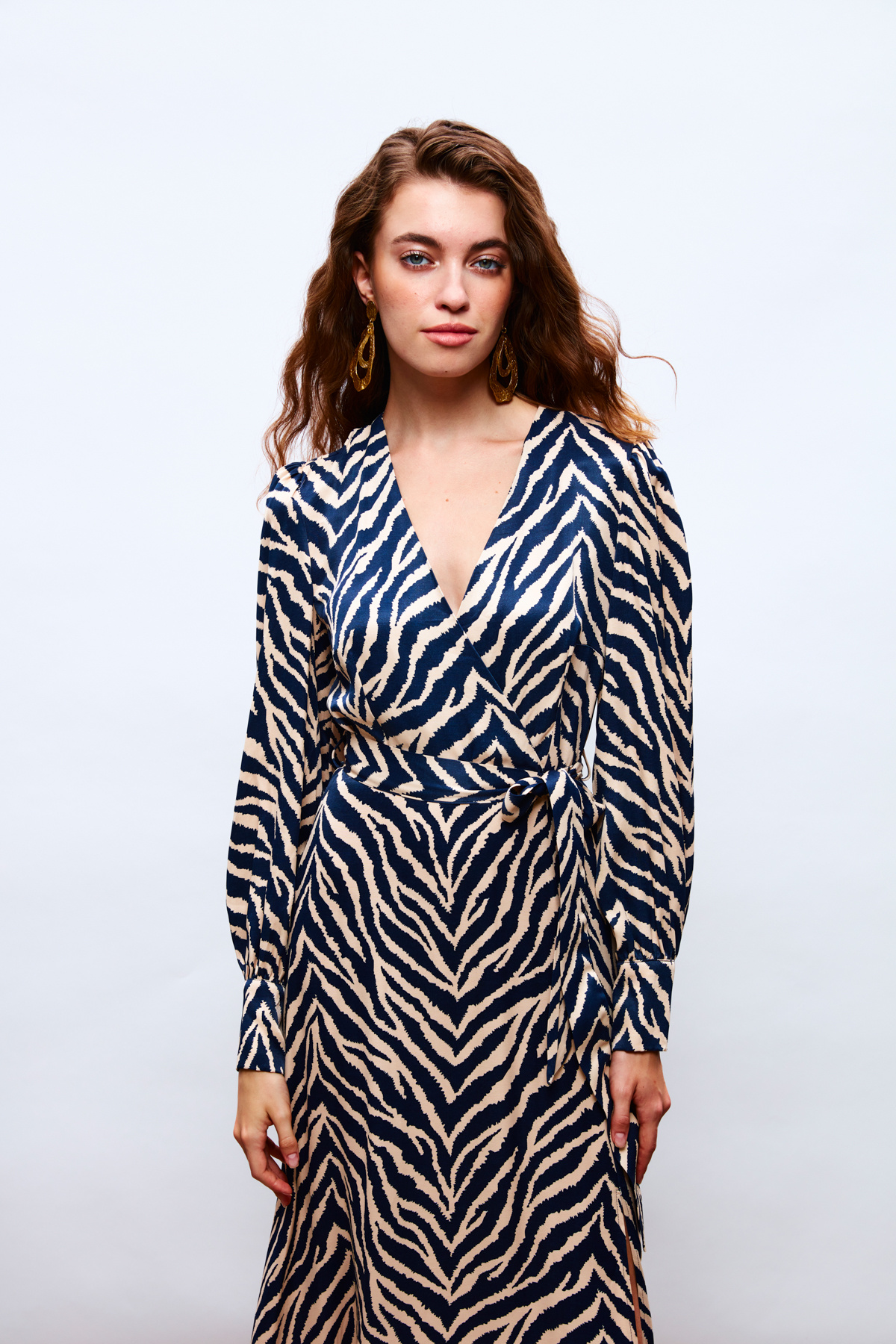 Zebra Patterned Belted Satin Dress - BLUE