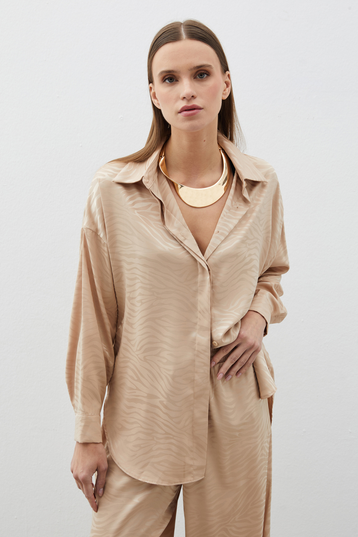 Zebra Patterned Casual Shirt - BEIGE