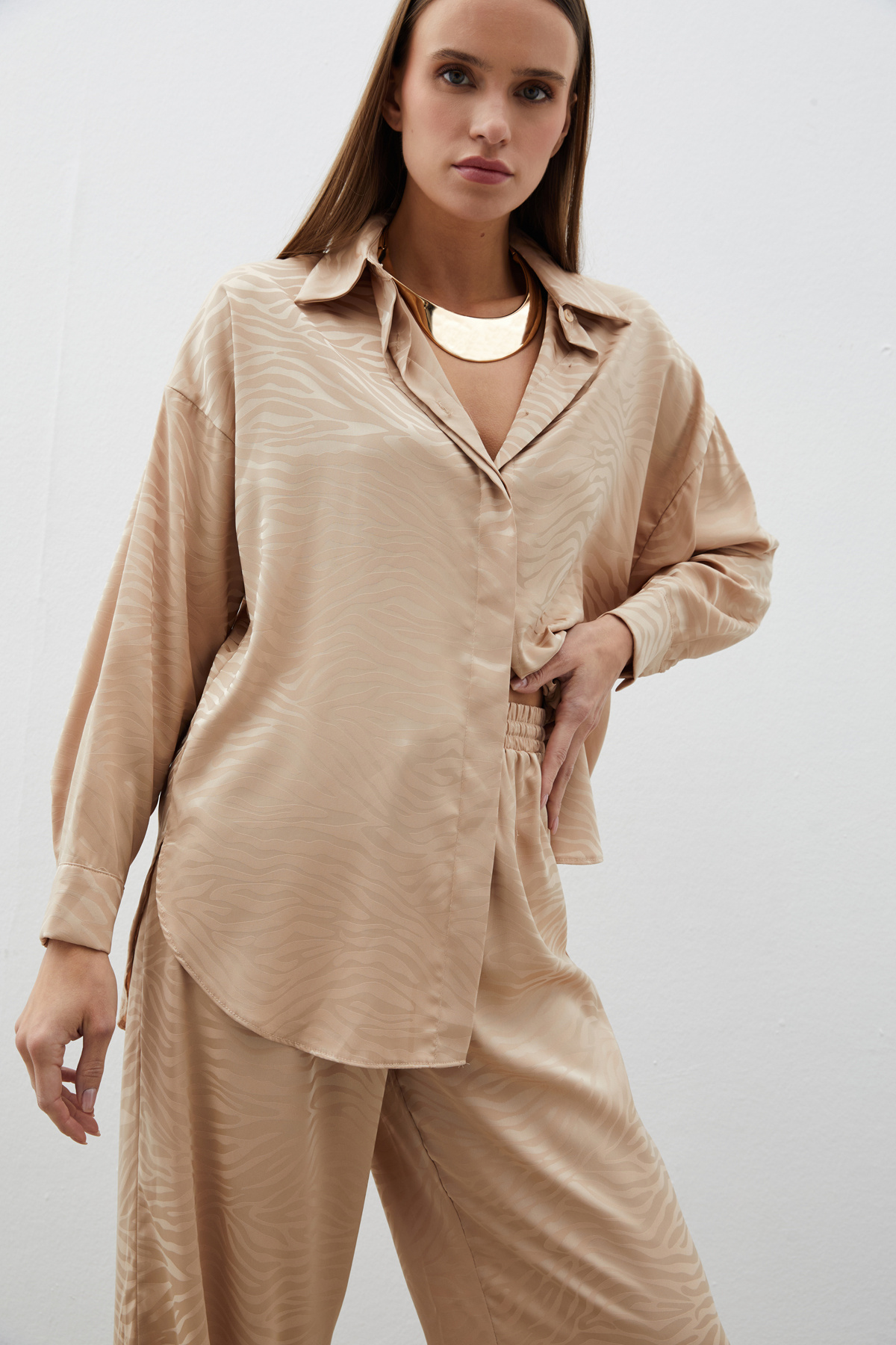 Zebra Patterned Casual Shirt - BEIGE
