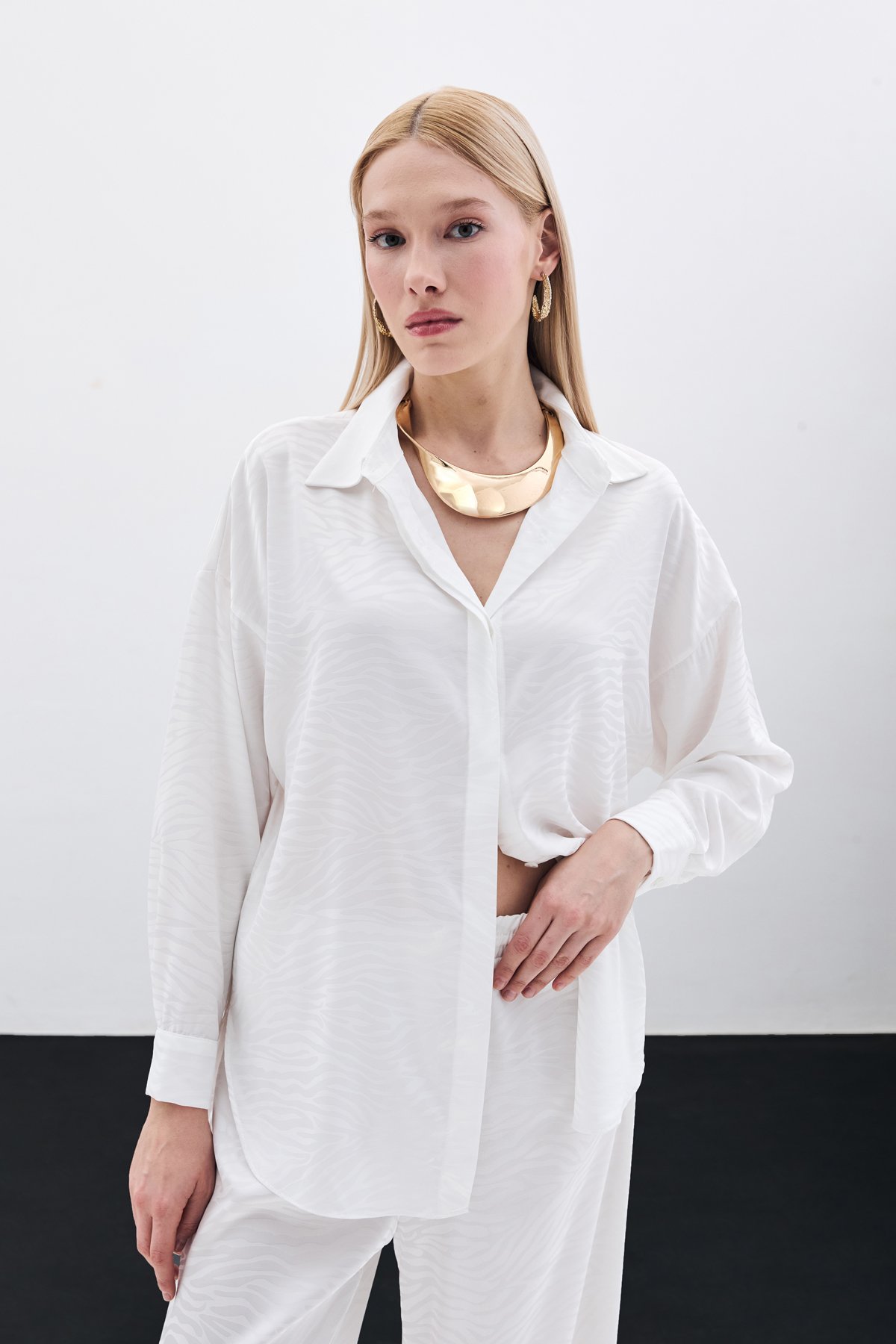 Zebra Desenli Salaş Gömlek - Ekru