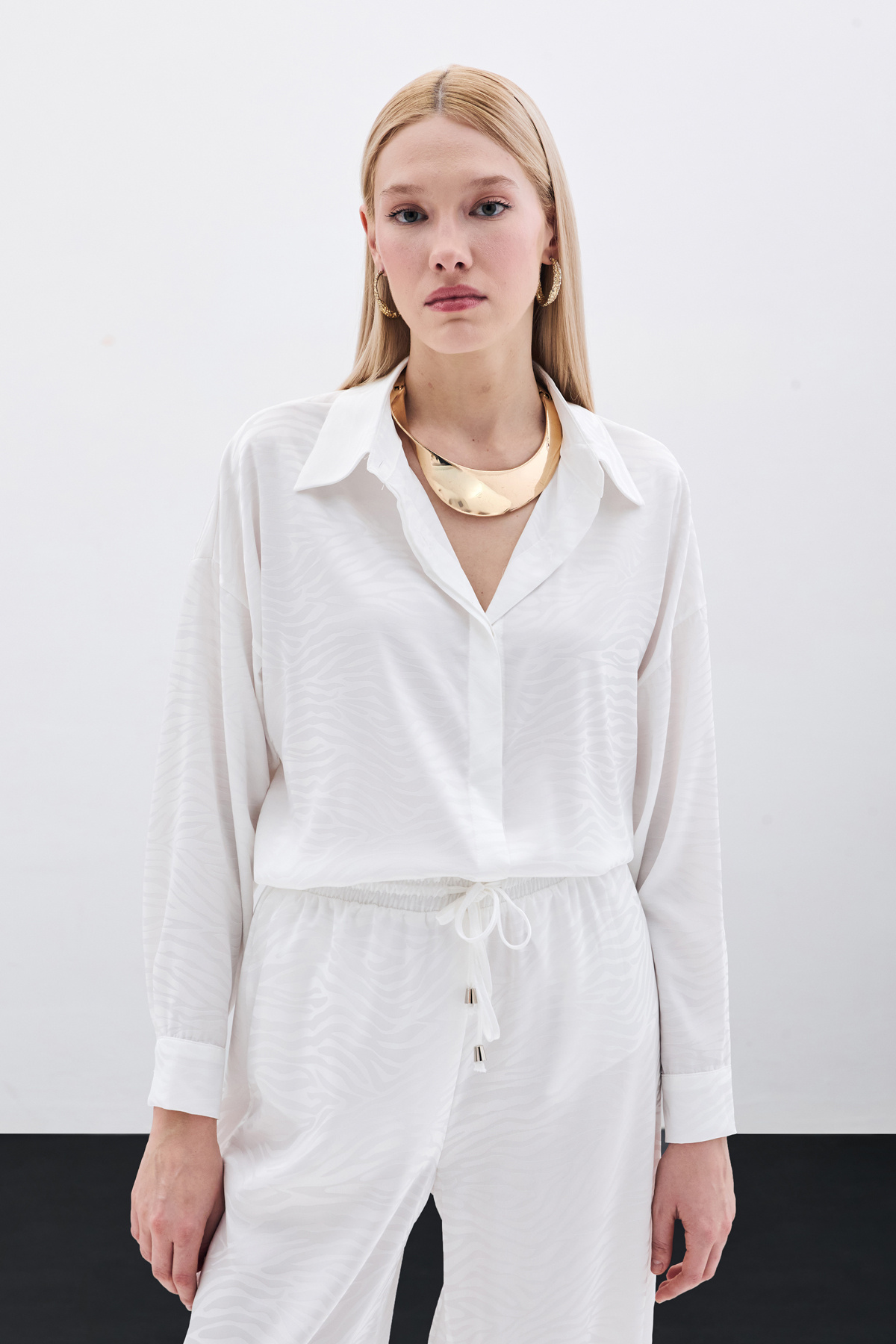 Zebra Desenli Salaş Gömlek - Ekru