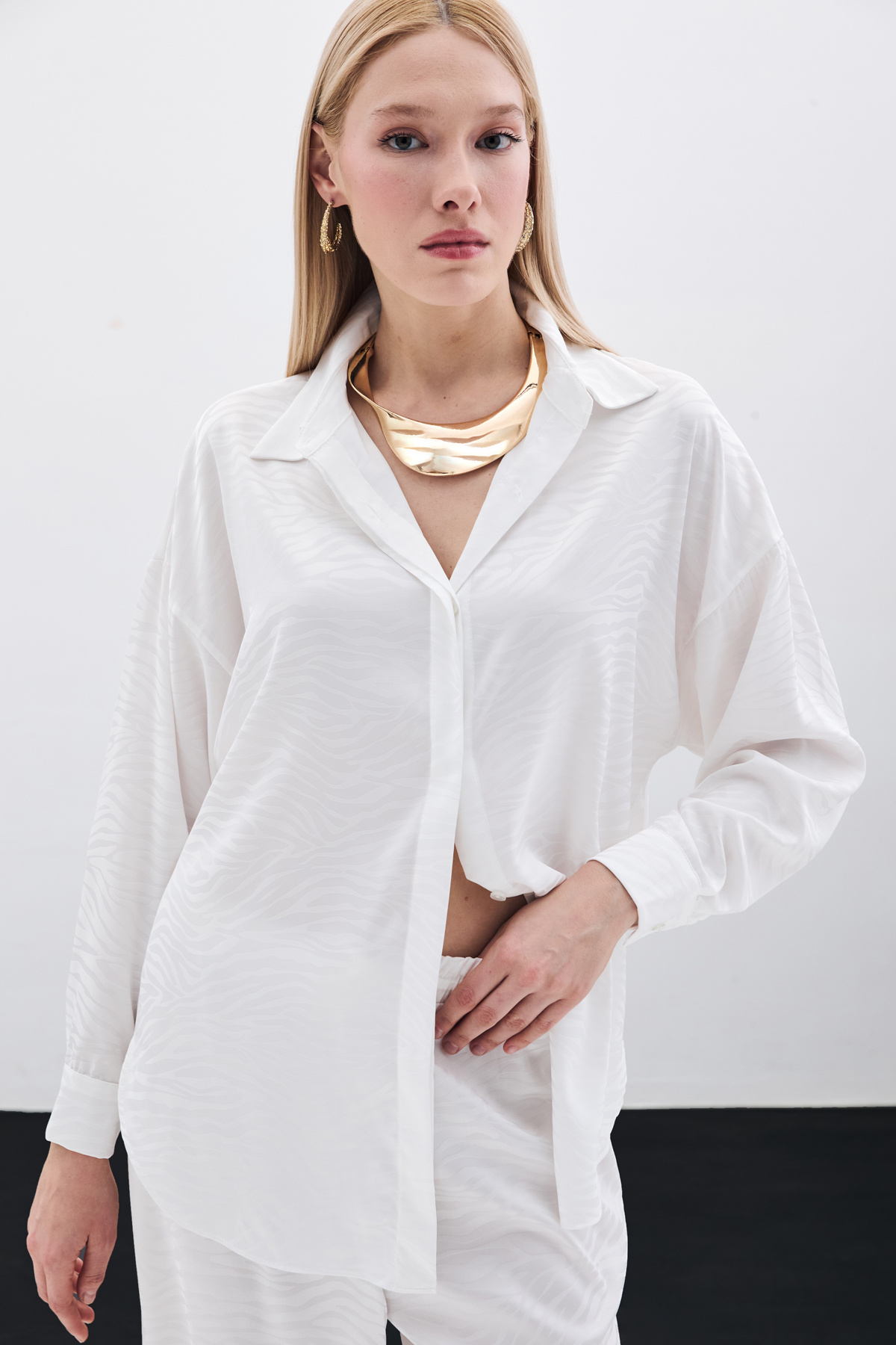 Zebra Desenli Salaş Gömlek - Ekru