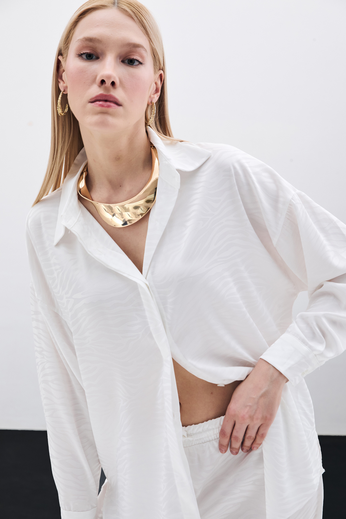 Zebra Desenli Salaş Gömlek - Ekru