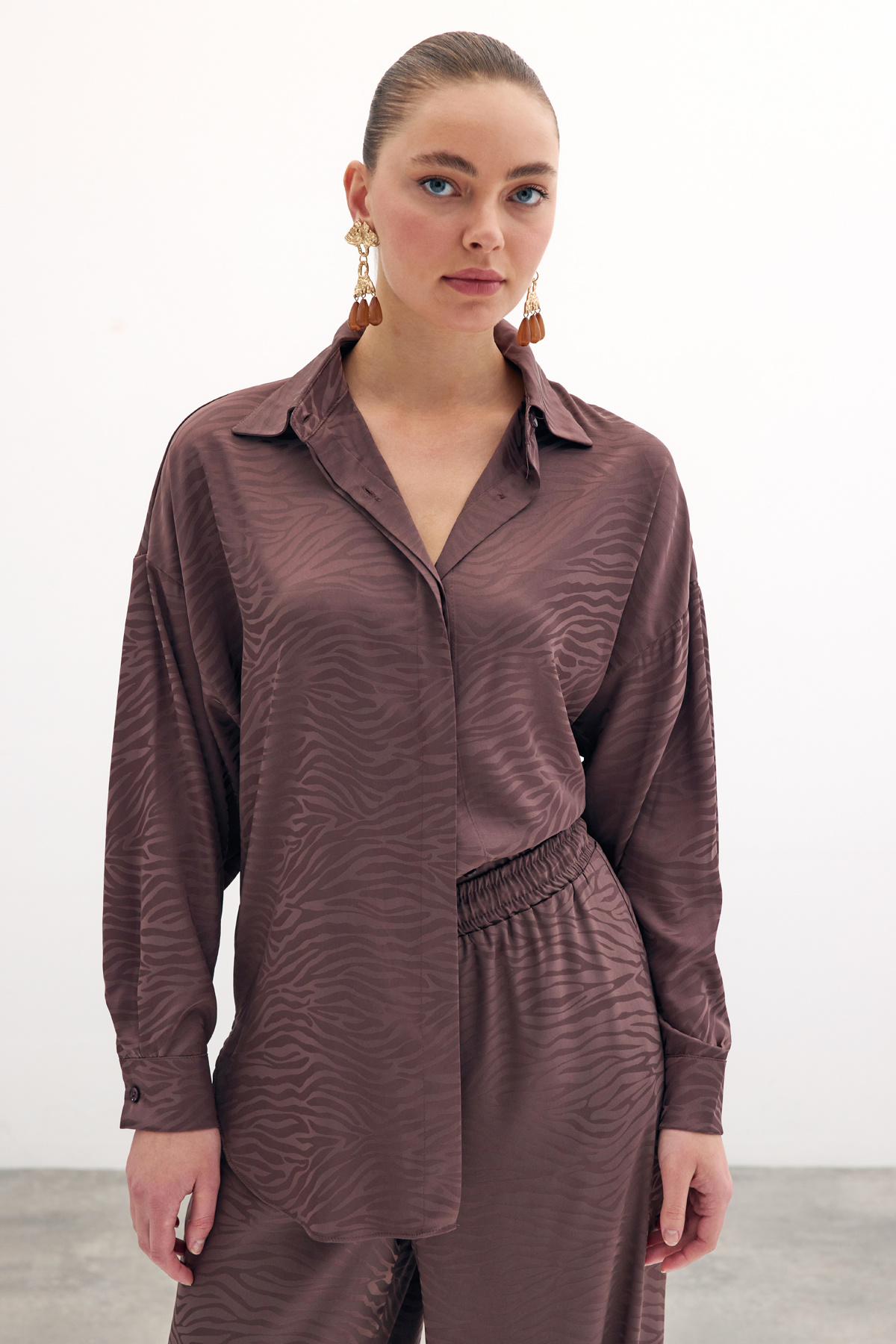 Zebra Desenli Salaş Gömlek - Kahve