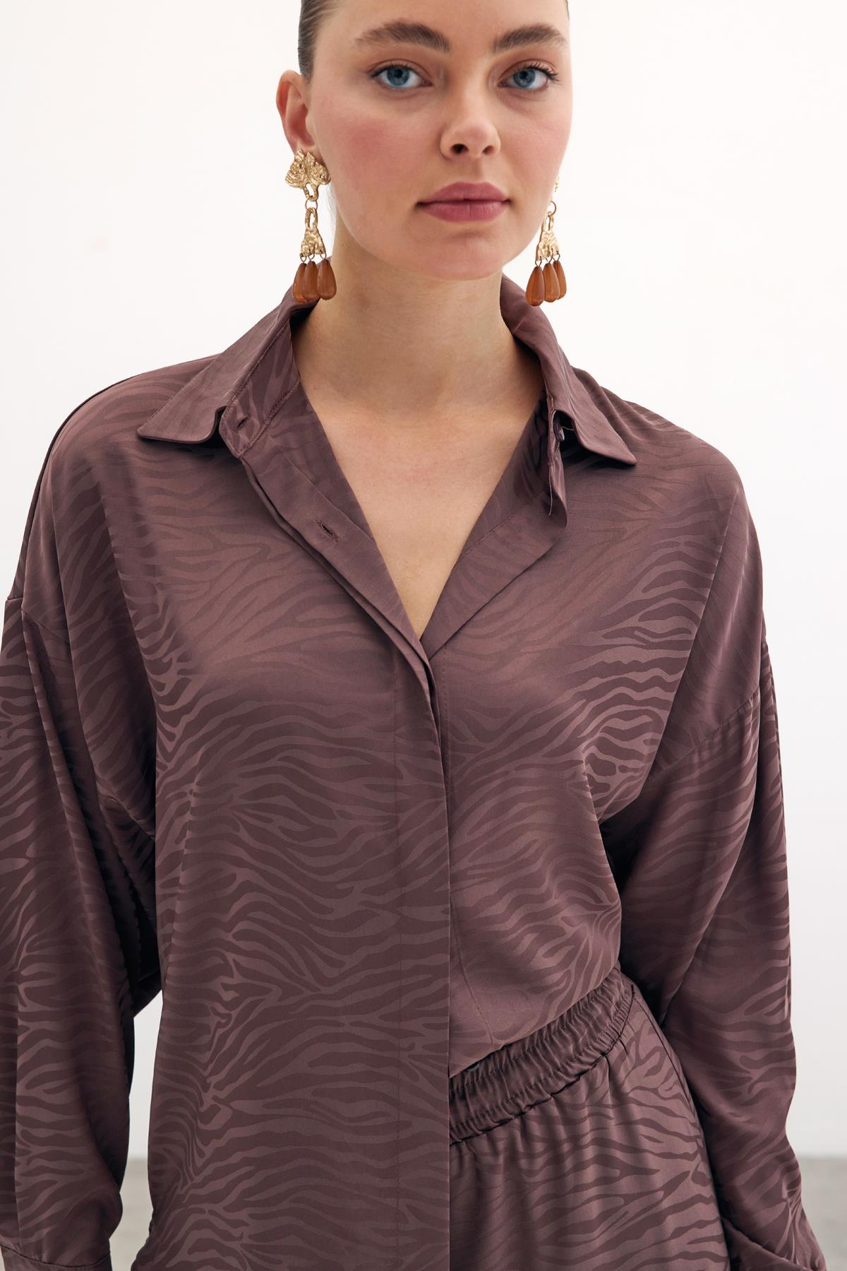 Zebra Desenli Salaş Gömlek - Kahve