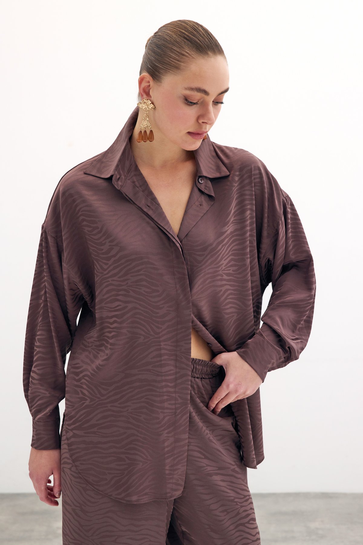 Zebra Desenli Salaş Gömlek - Kahve