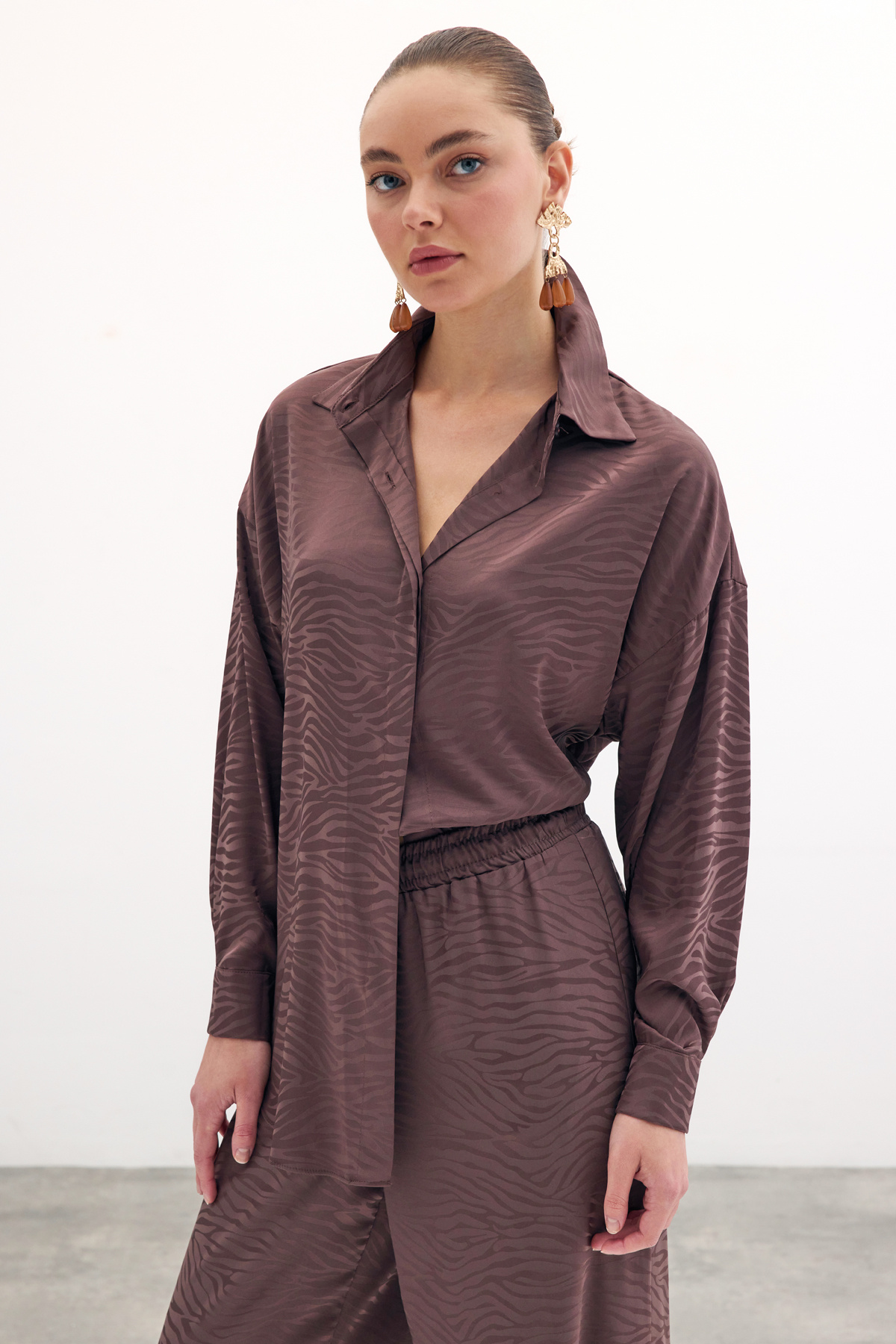 Zebra Desenli Salaş Gömlek - Kahve