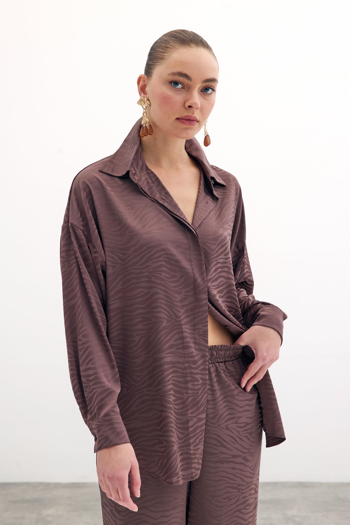 Zebra Desenli Salaş Gömlek - Kahve