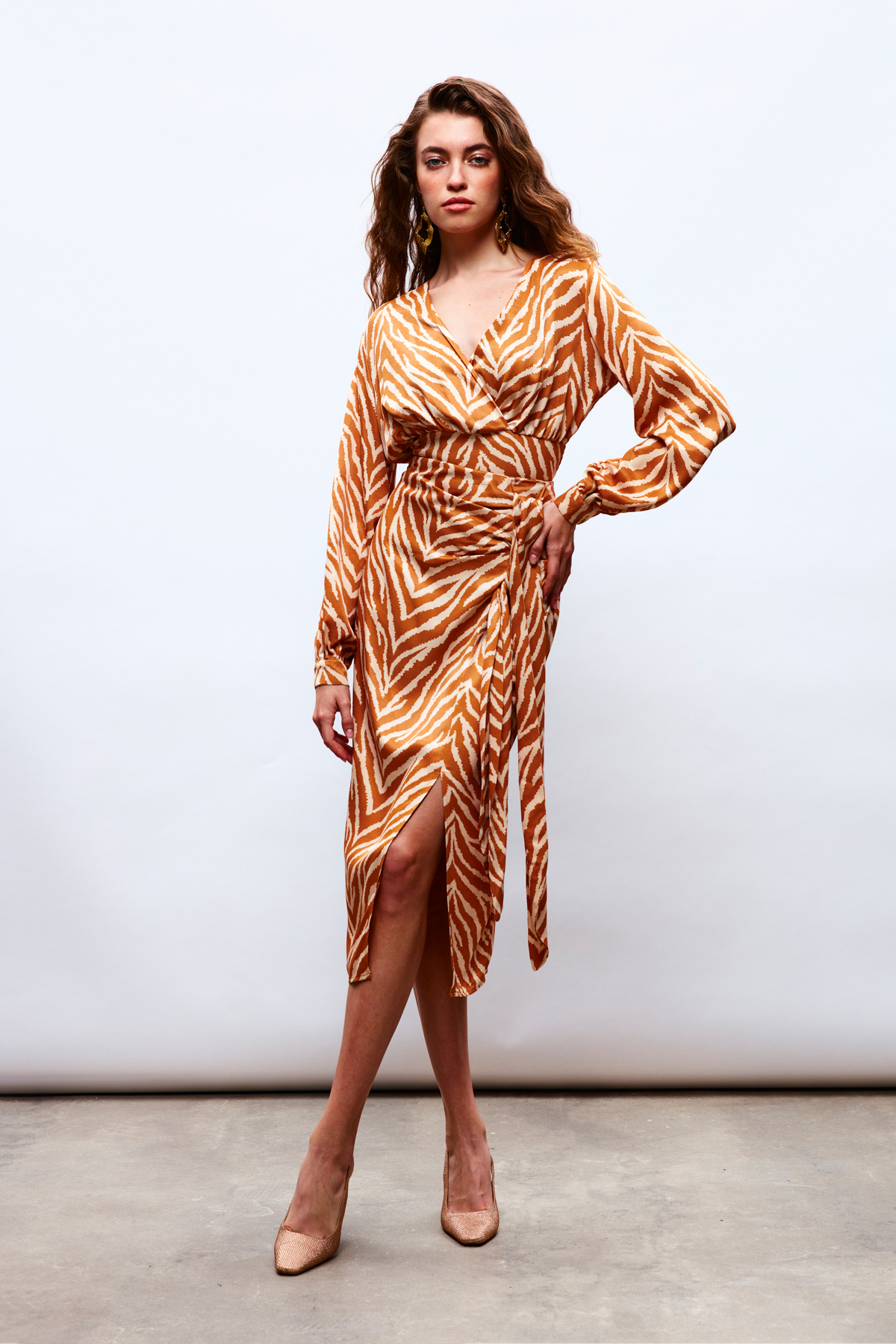 Zebra Patterned Satin Pareo Skirt - CAMEL