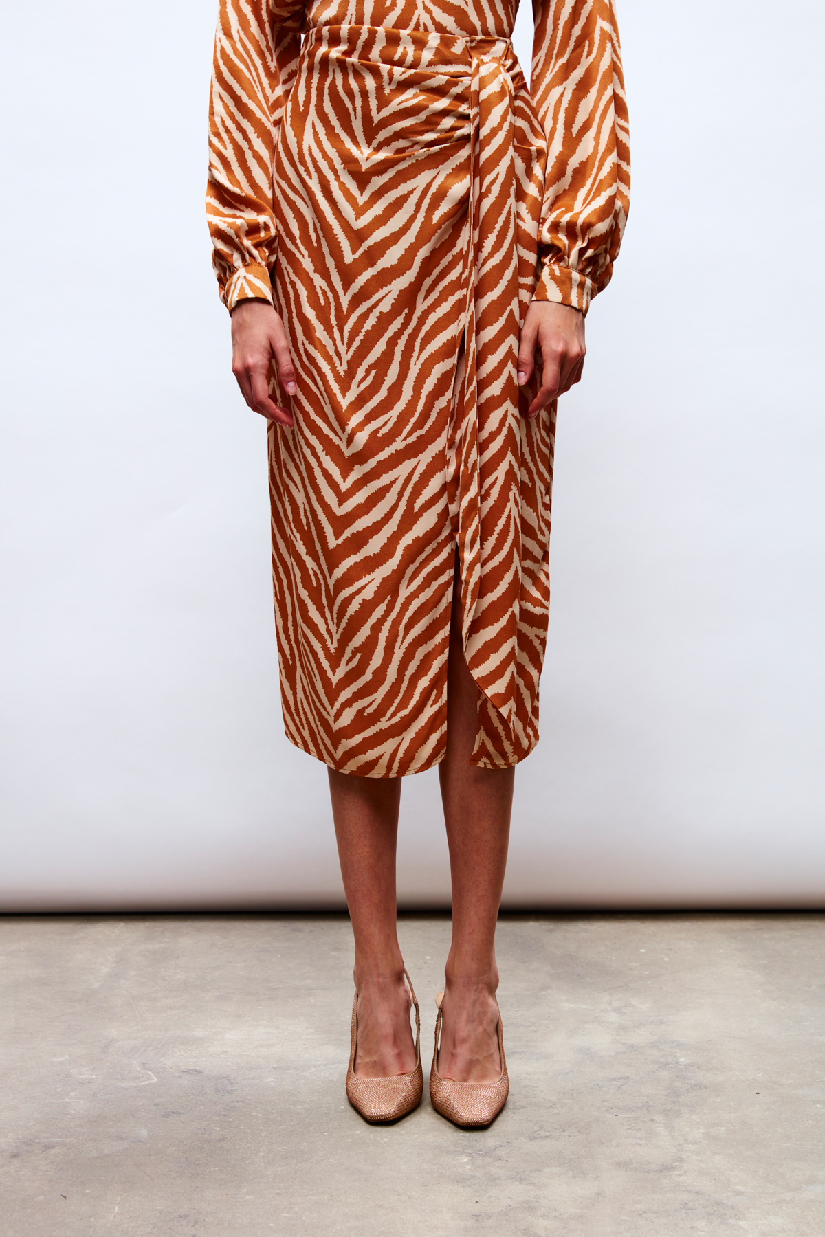 Zebra Patterned Satin Pareo Skirt - CAMEL