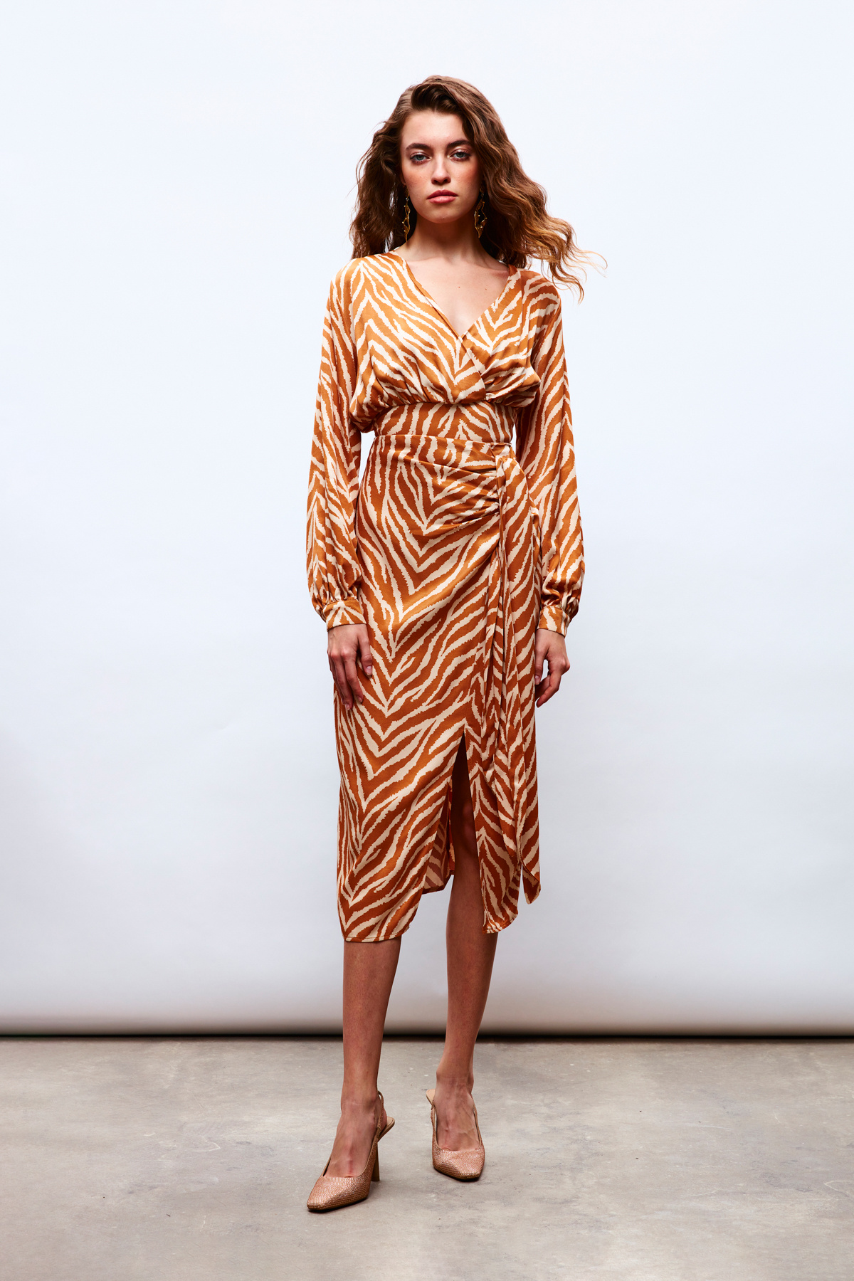 Zebra Patterned Satin Pareo Skirt - CAMEL