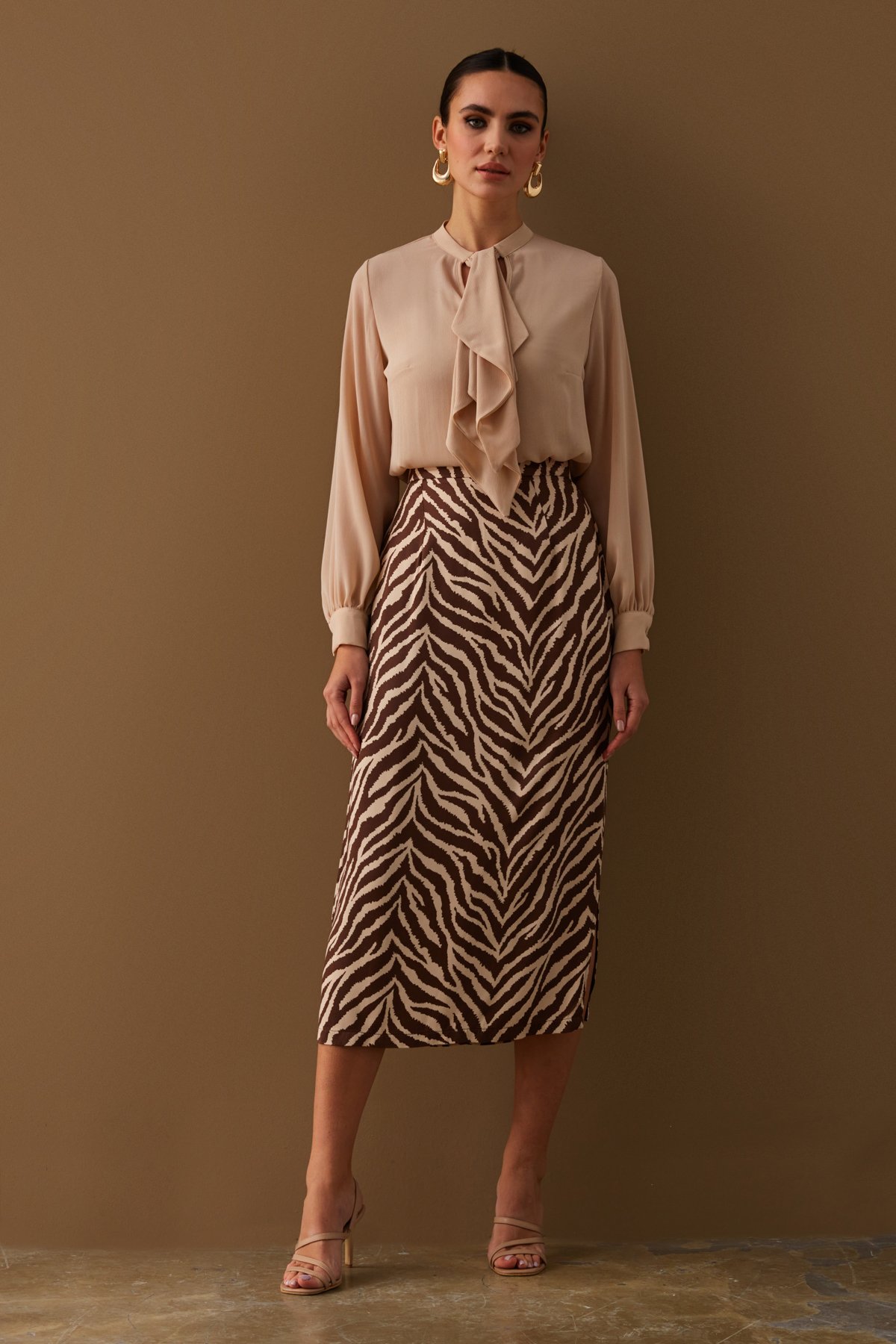 Zebra desenli saten etek - KAHVE