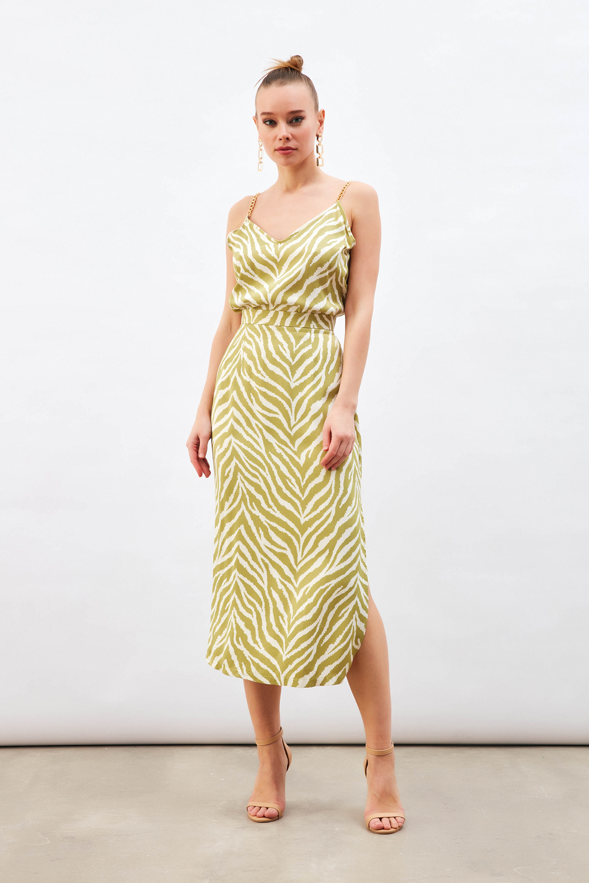 Zebra Desenli Saten Etek - YAĞ YEŞİLİ