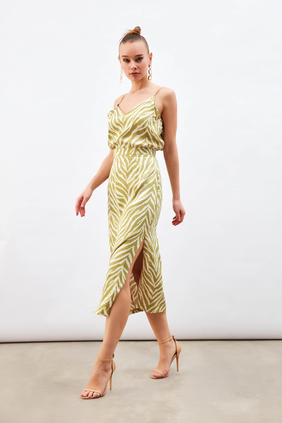 Zebra Desenli Saten Etek - YAĞ YEŞİLİ