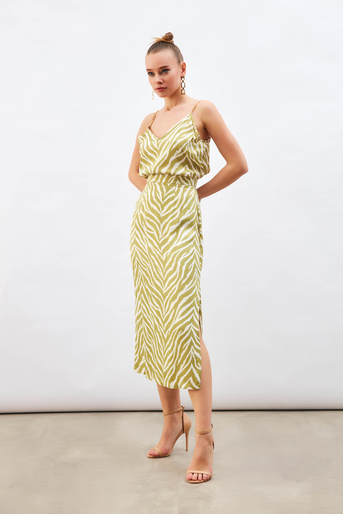 Zebra Desenli Saten Etek - YAĞ YEŞİLİ