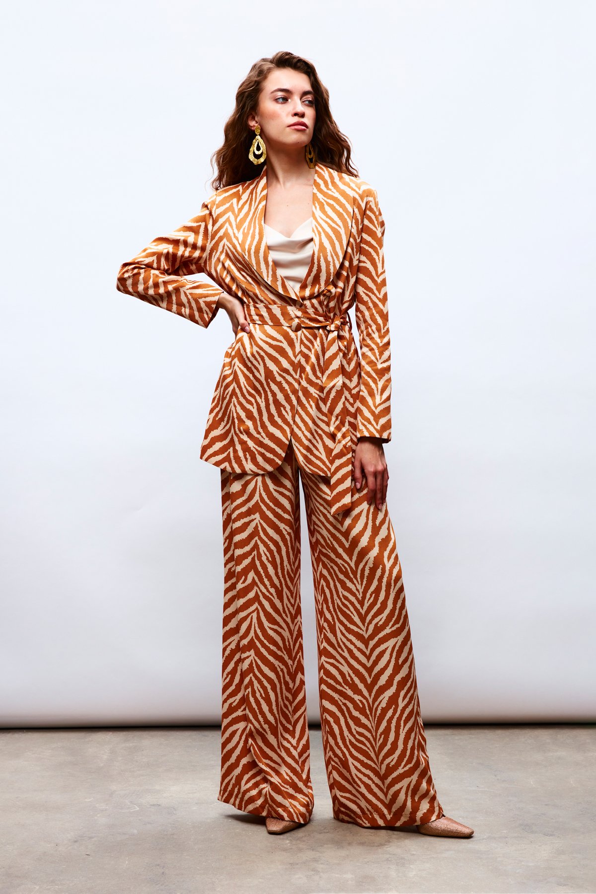 Zebra Desenli Saten Pantolon - CAMEL