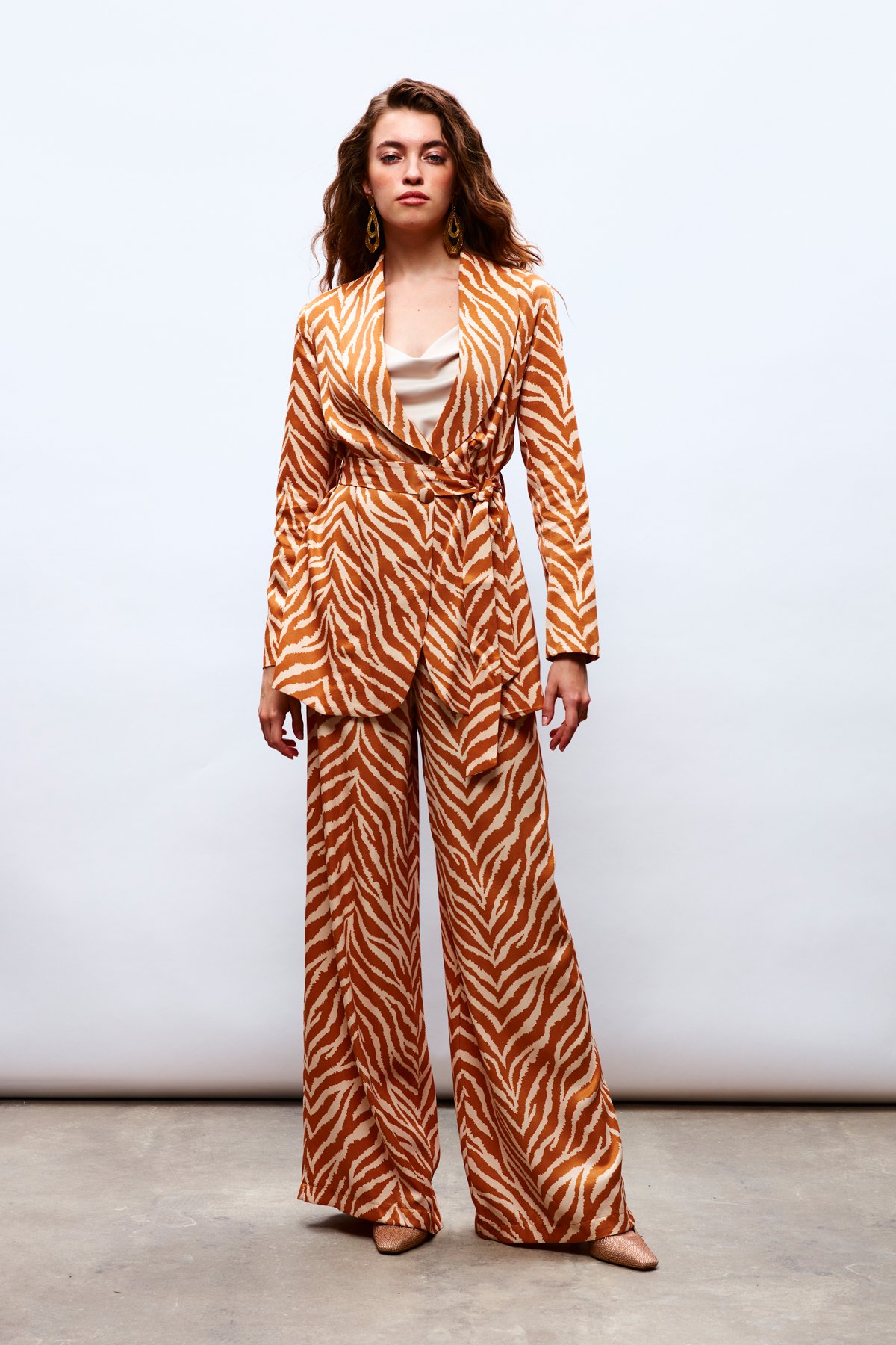 Zebra Desenli Saten Pantolon - CAMEL