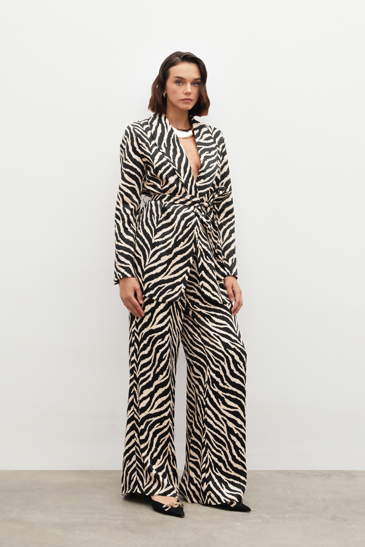 Zebra Desenli Saten Pantolon - SİYAH