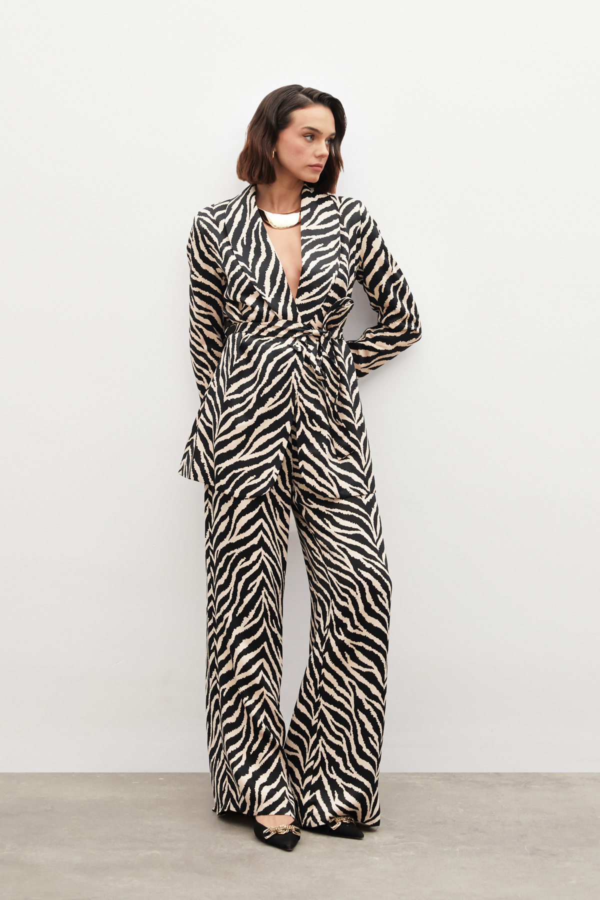 Zebra Desenli Saten Pantolon - SİYAH