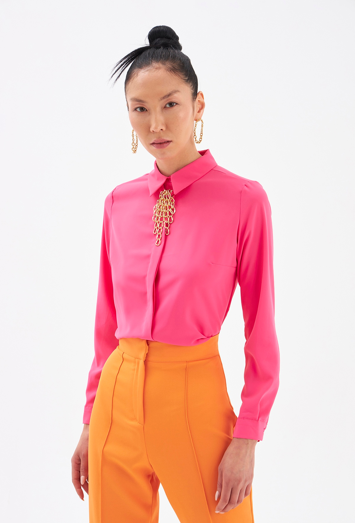 Zincir aksesuarlı düz gömlek - FUŞYA