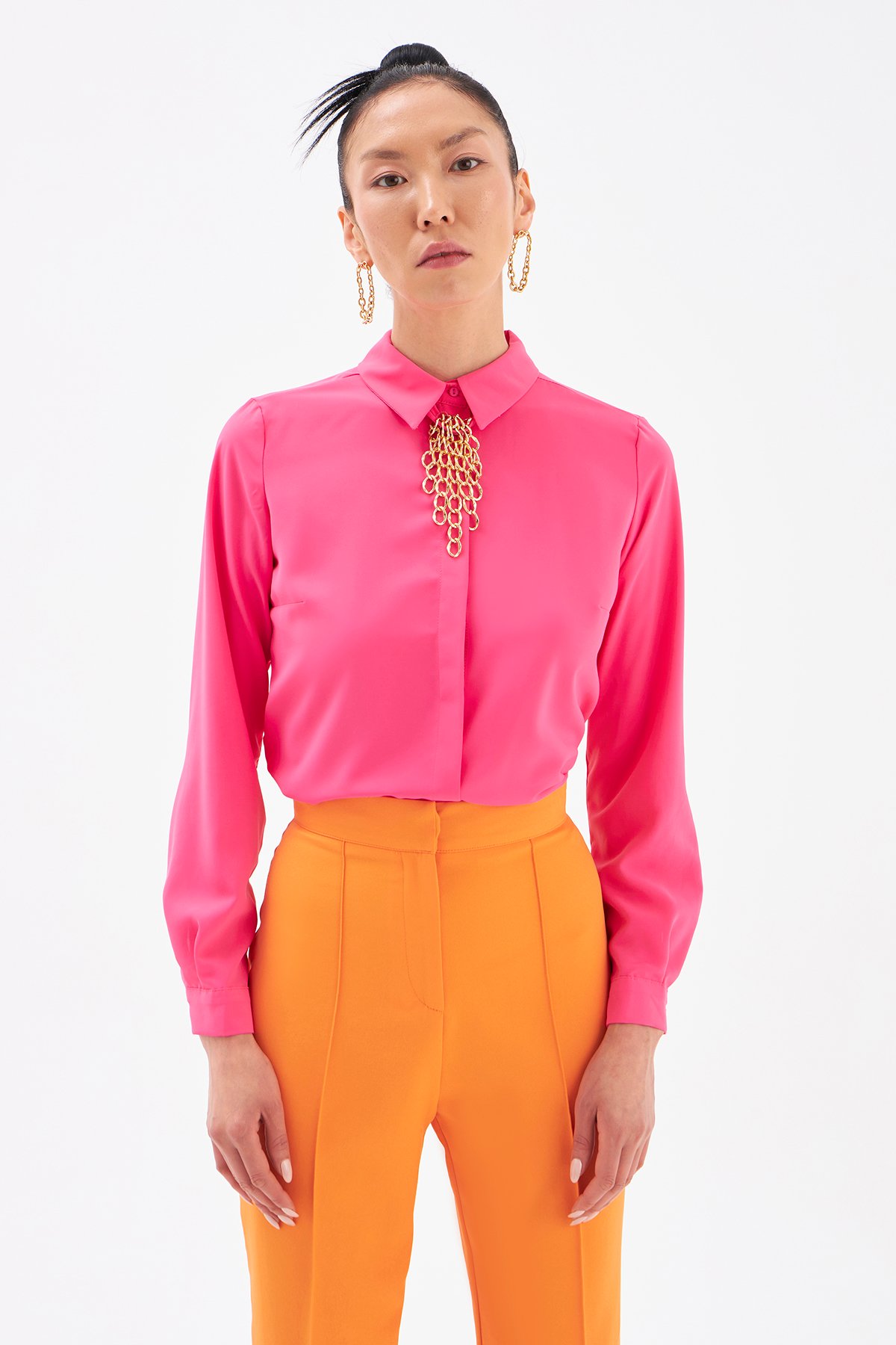 Zincir aksesuarlı düz gömlek - FUŞYA