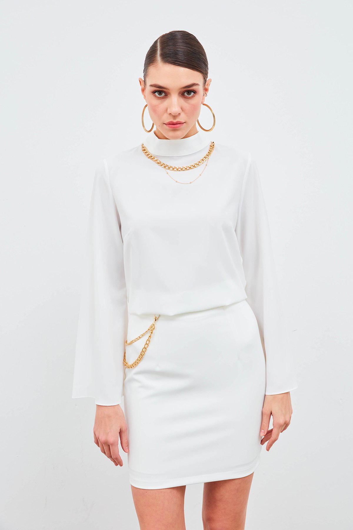 Zincir Aksesuarlı Mini Etek - EKRU