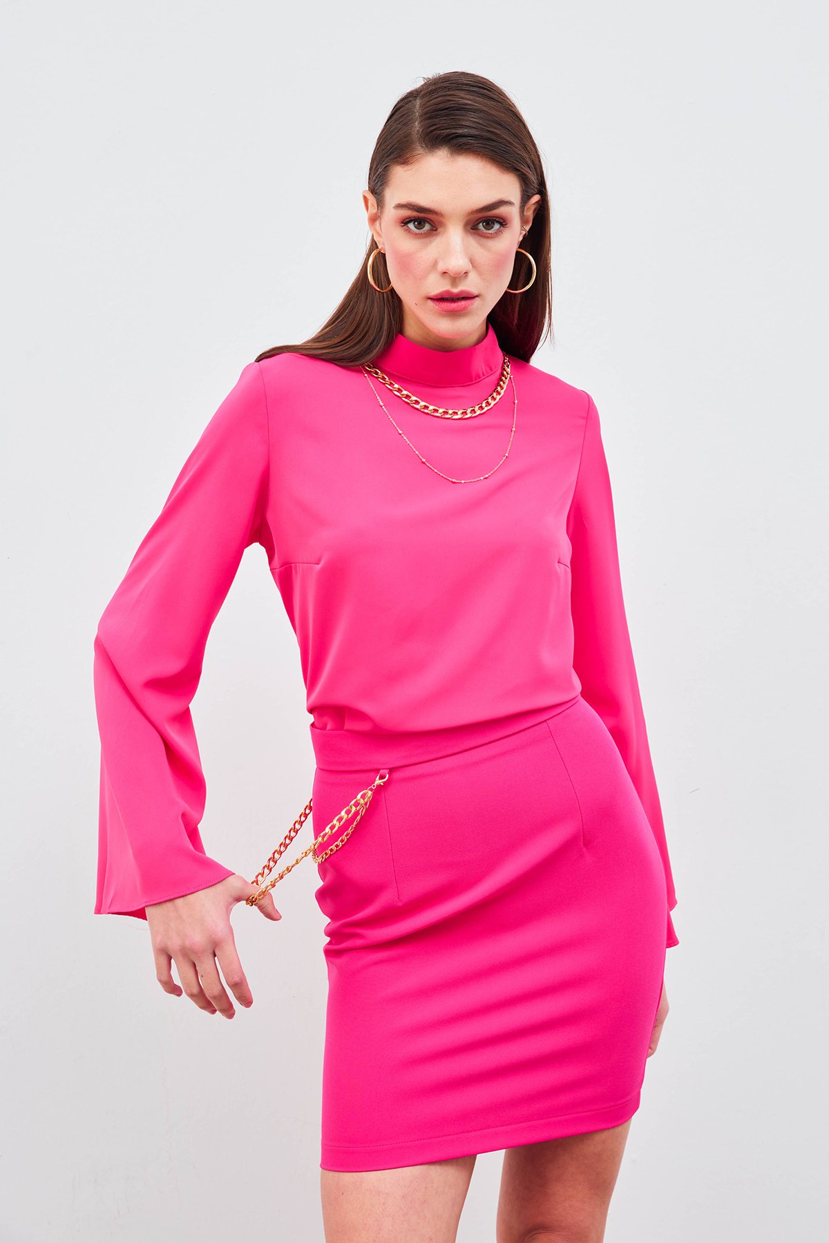 Zincir Aksesuarlı Mini Etek - FUŞYA