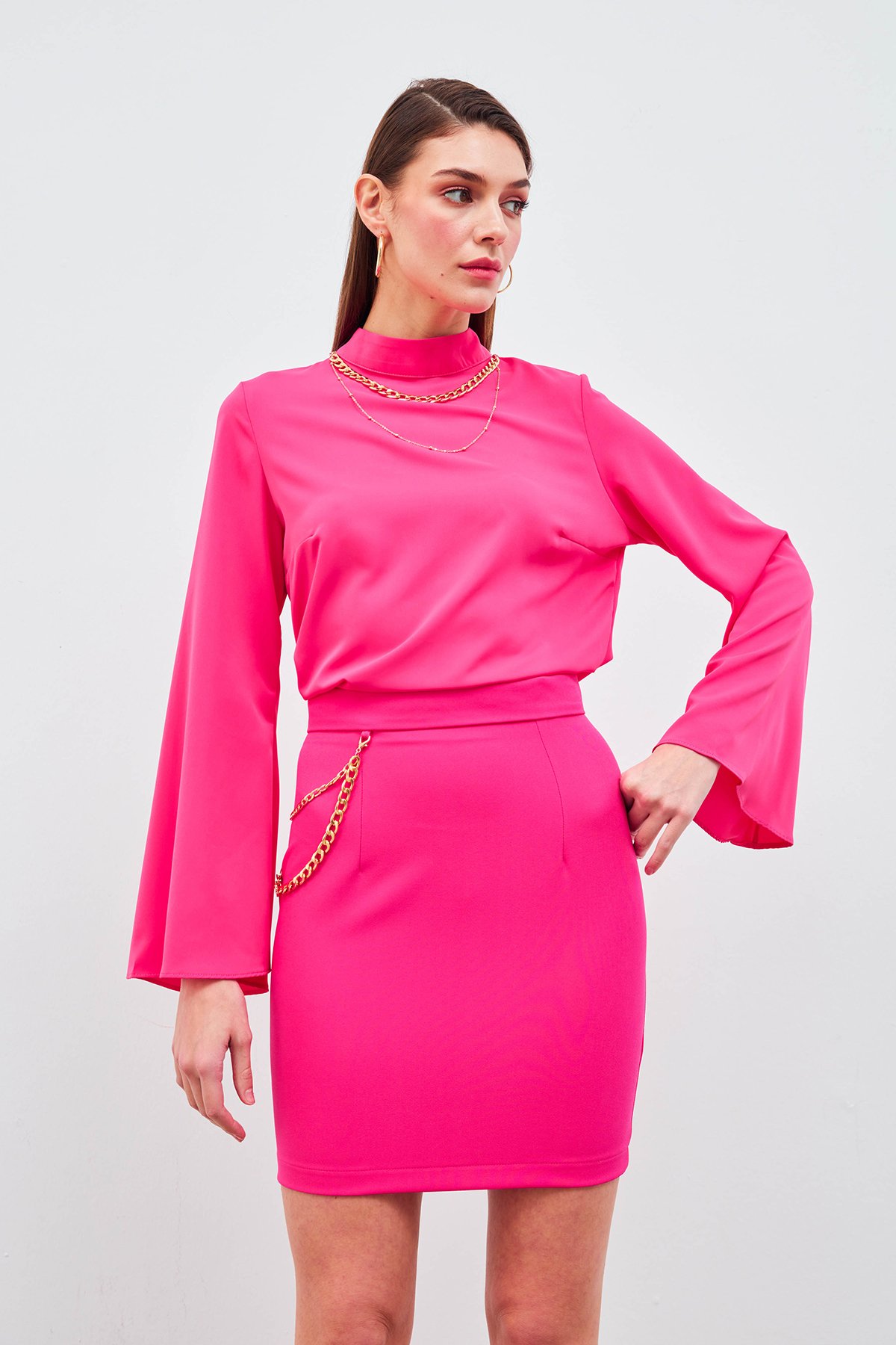 Zincir Aksesuarlı Mini Etek - FUŞYA