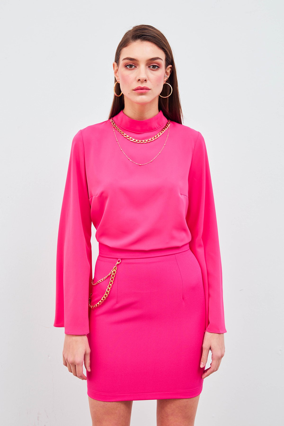 Zincir Aksesuarlı Mini Etek - FUŞYA