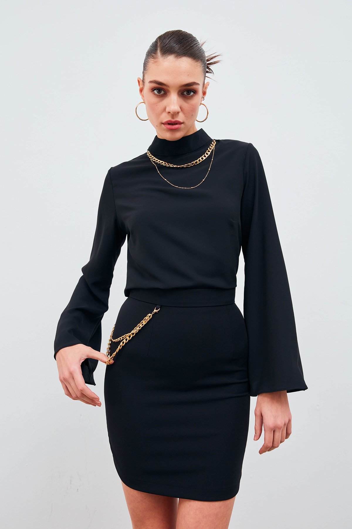 Zincir Aksesuarlı Mini Etek - SİYAH