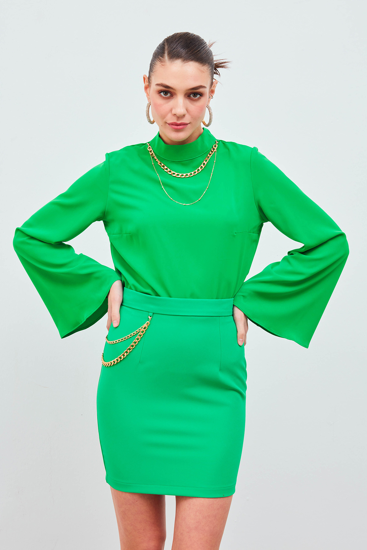 Zincir Aksesuarlı Mini Etek - YEŞİL