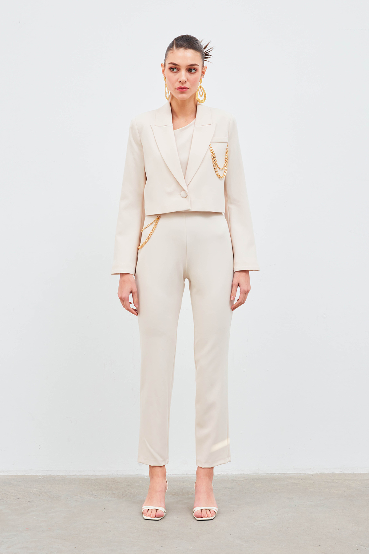 Zincir Aksesuarlı Pantolon - BEJ