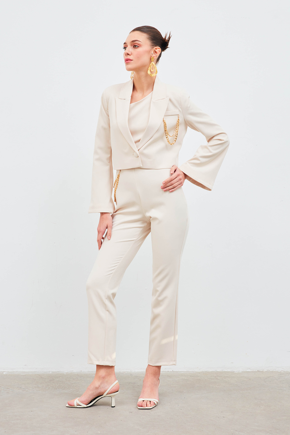 Zincir Aksesuarlı Pantolon - BEJ