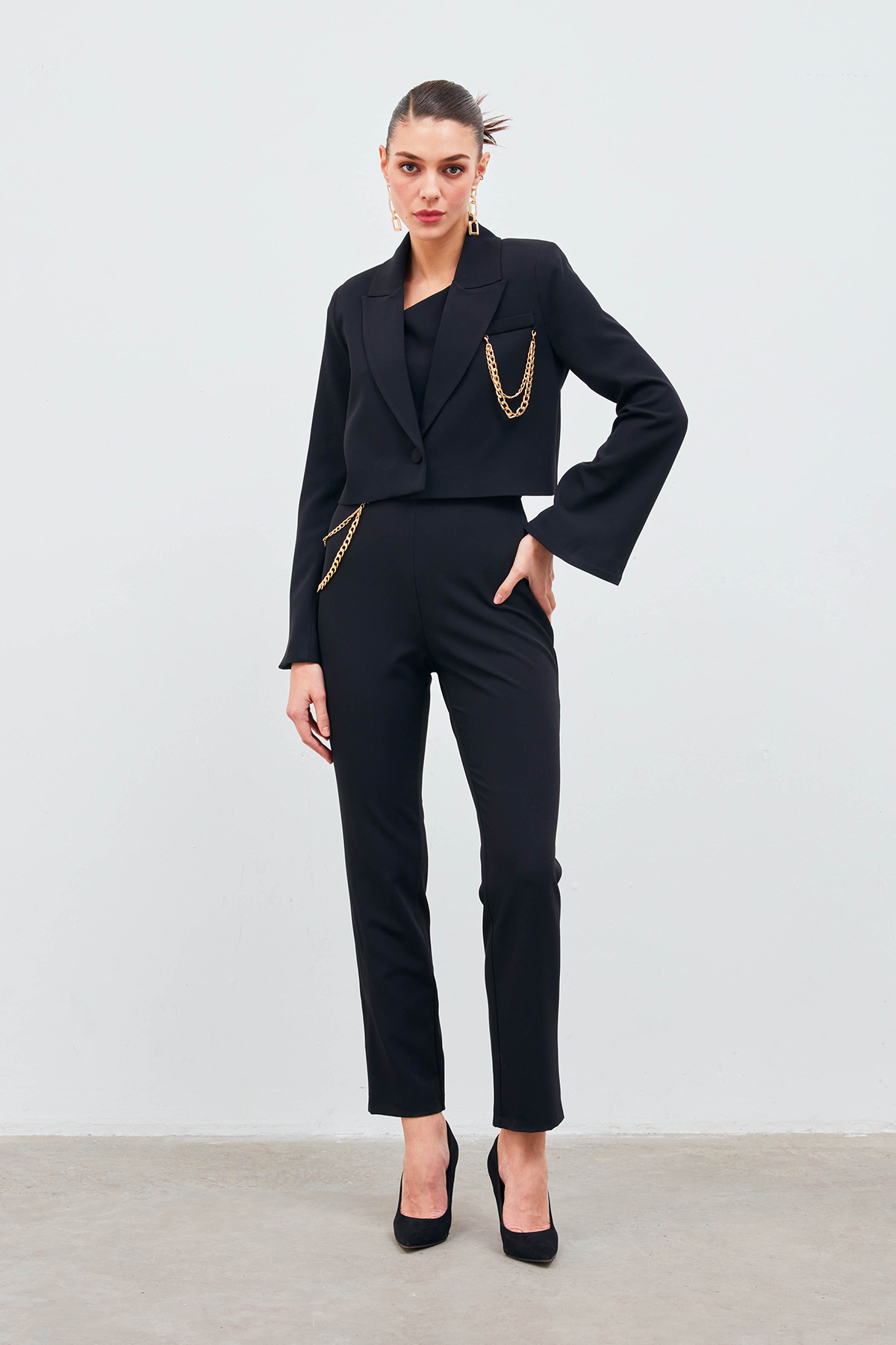 Zincir Aksesuarlı Pantolon - SİYAH