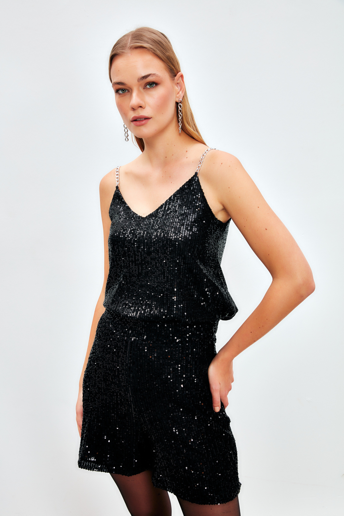 Chain Strap Sequin Blouse - BLACK