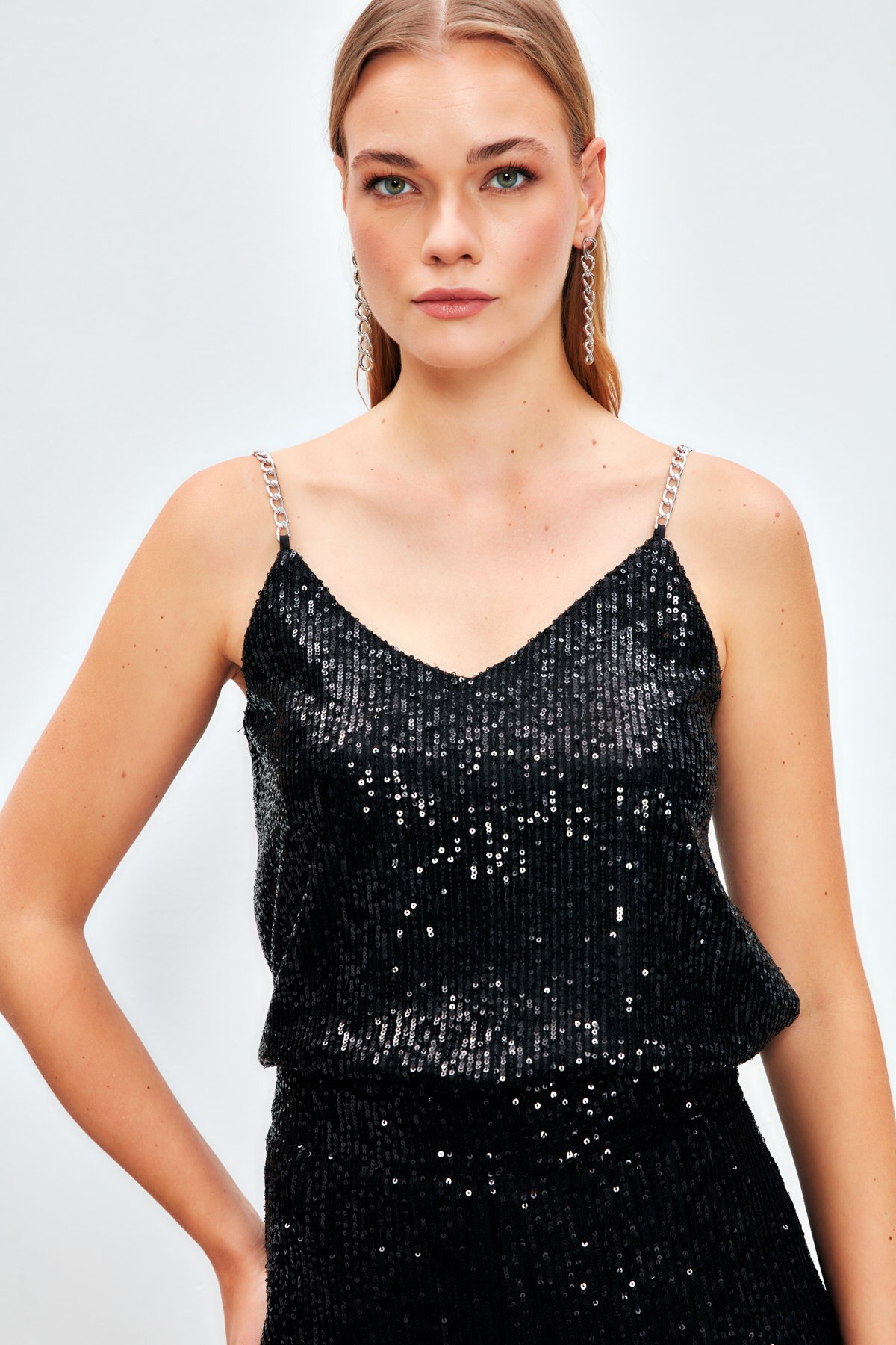 Chain Strap Sequin Blouse - BLACK