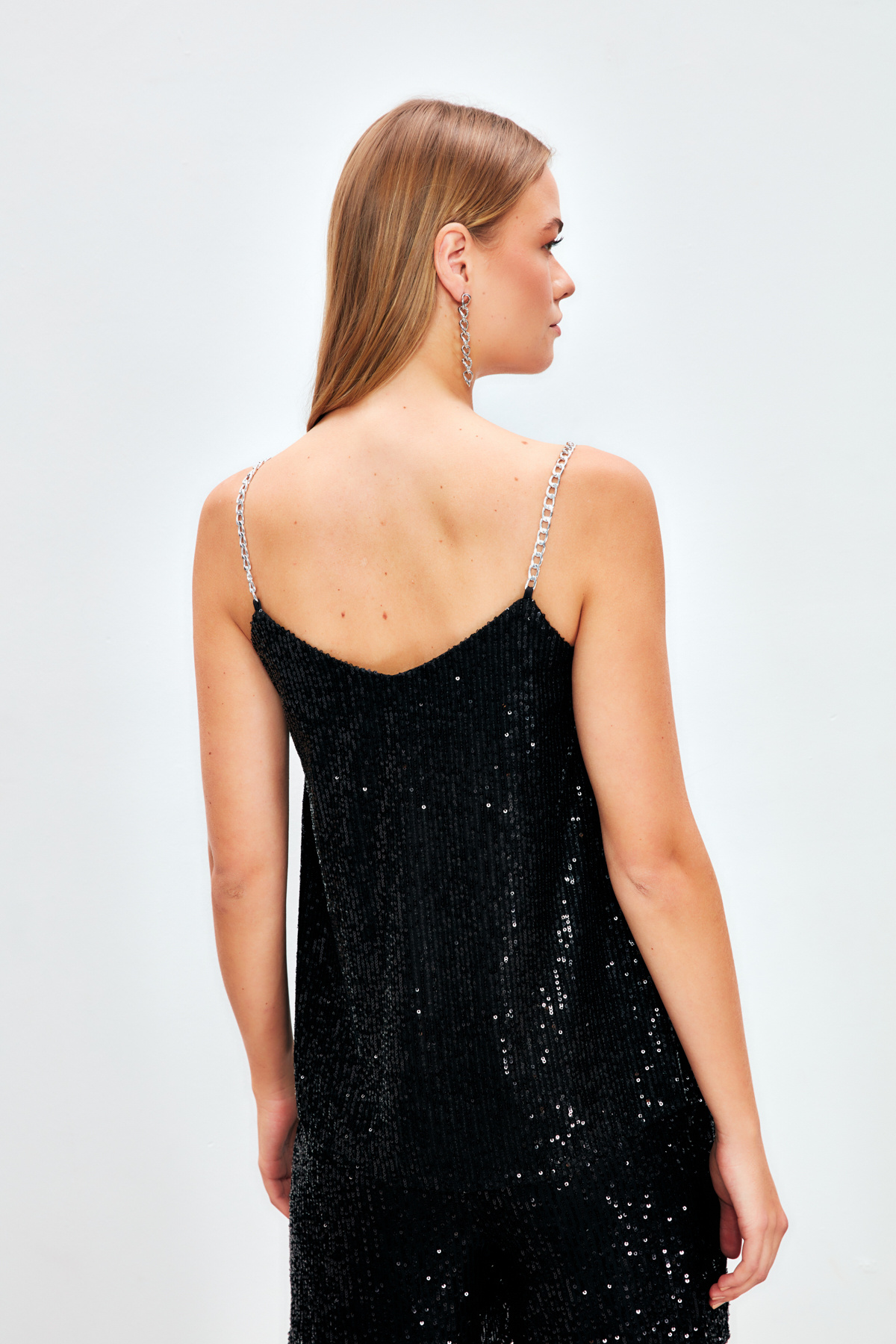 Chain Strap Sequin Blouse - BLACK